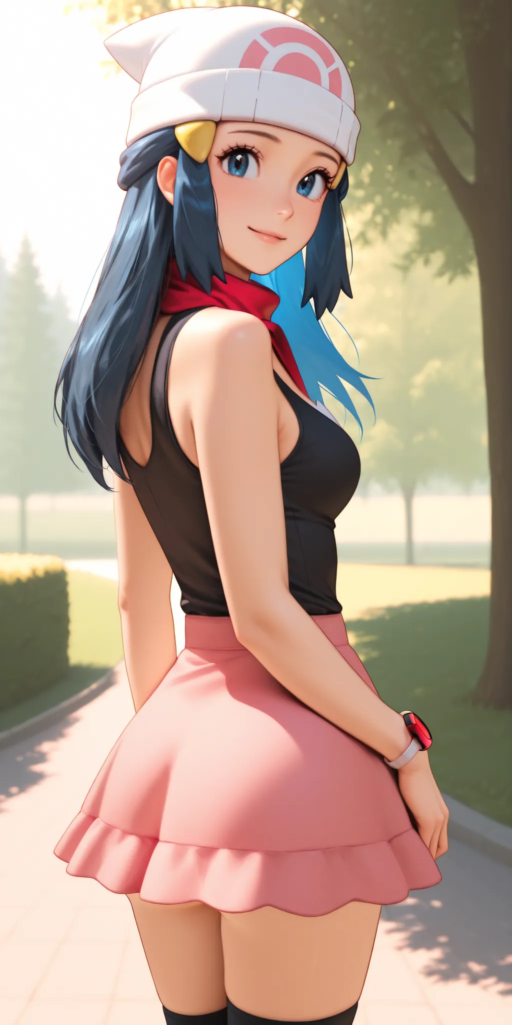 almost realistic, almost realistic, almost realistic, back view, view of her back, looking back at viewer, gentle smile, 1 girl - Dawn from Pokemon, zzDawn, blue hair, blue eyes, sidelocks, long hair,
zzDawn, blue hair, blue eyes, sidelocks, long hair, bar...