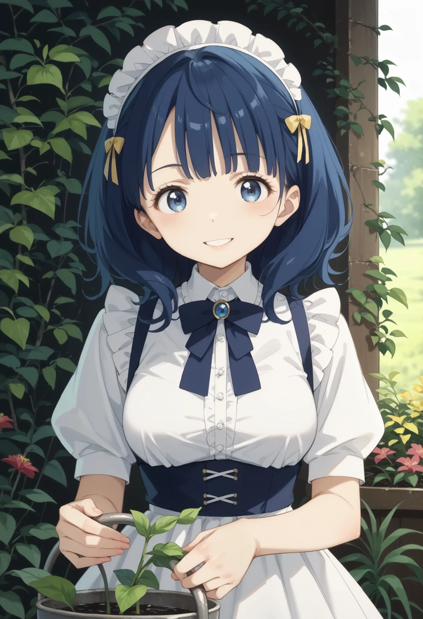 high definition、Highest Quality、super quality、outdoor、gardening、one girl with arms、solo、shot from the front、smile、(anime illustration style:1.tanding、Anna Yanaginami、Victorian Maid Outfit、medium hair、stupid hair、Medium breast、Blue Hair、Blue Eyes、cowboy sho...