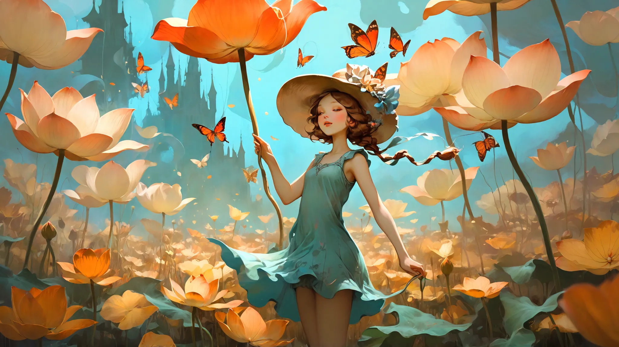 Whimsical art style, surreal fantasy, ethereal art, illustration. A girl in a summer dress and sun hat, releases a flock of butterflies in a field of giant lotus flowers. The lotus flowers are the size of trees and fill the entire background. Artstation, c...