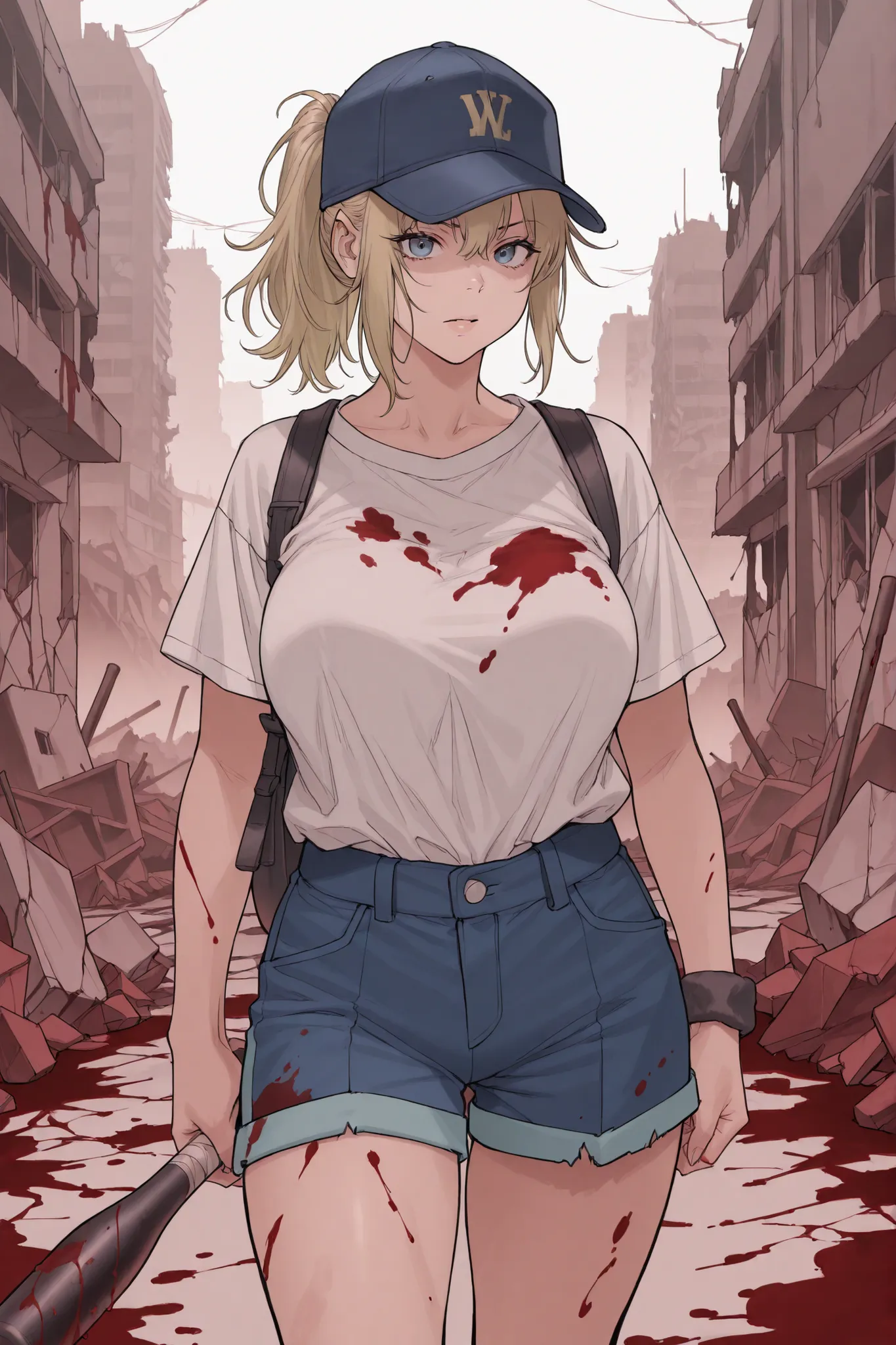 1 girl, loose blonde hair in a ponytail, voluptuous, white shirt, blue shorts, baseball cap, holding a bat, blood stains, destroyed city, apocalypse, look at viewer