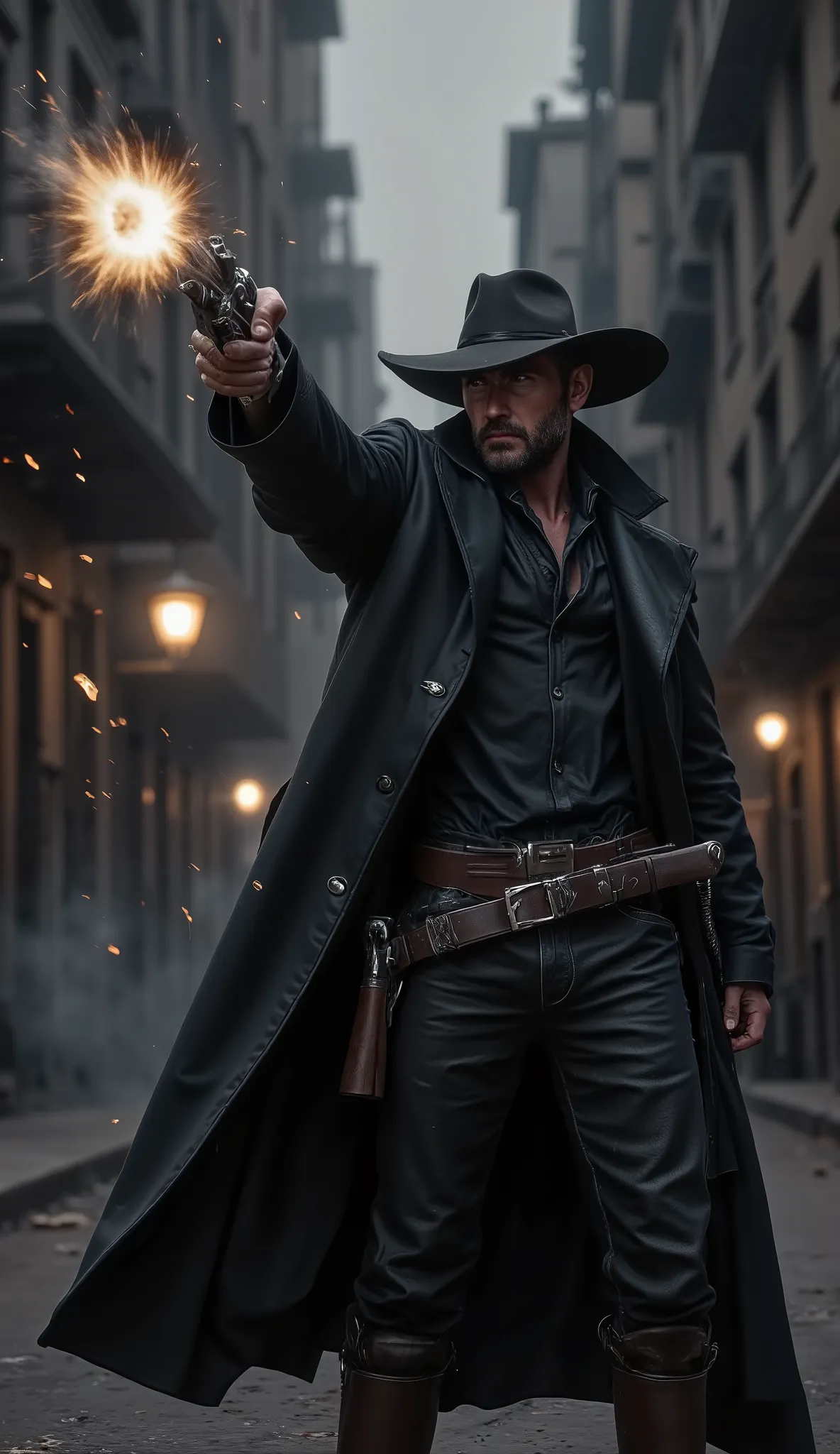 A hyperrealistic, cinematic low-angle shot in 16:9 aspect ratio of Jack Crowley, standing firm with his arm extended upward, firing a single Colt revolver toward the roof. His black leather overcoat flares slightly from the motion, and his wide-brimmed hat...