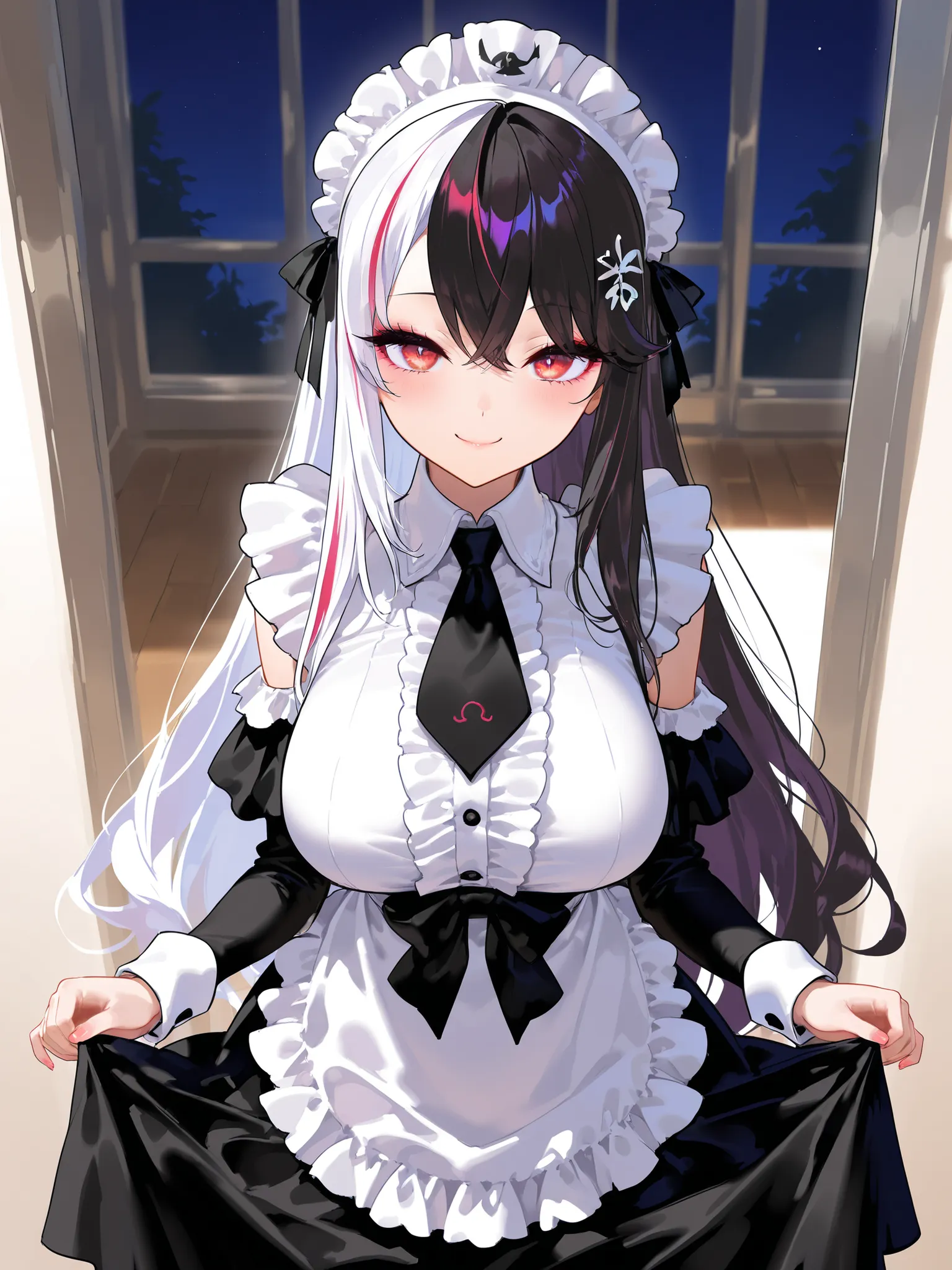 night viewing(Nijisanji)、nsfw..(Super Details)、((masterpiece)),(Highest Quality)、(very aesthetic)、white and black half color hair、red eyes、masterpiece 、 8k resolution、vivid texture and color、length_ eyelashes/mascara、big eyes、Cautioned expression、Maid Outf...