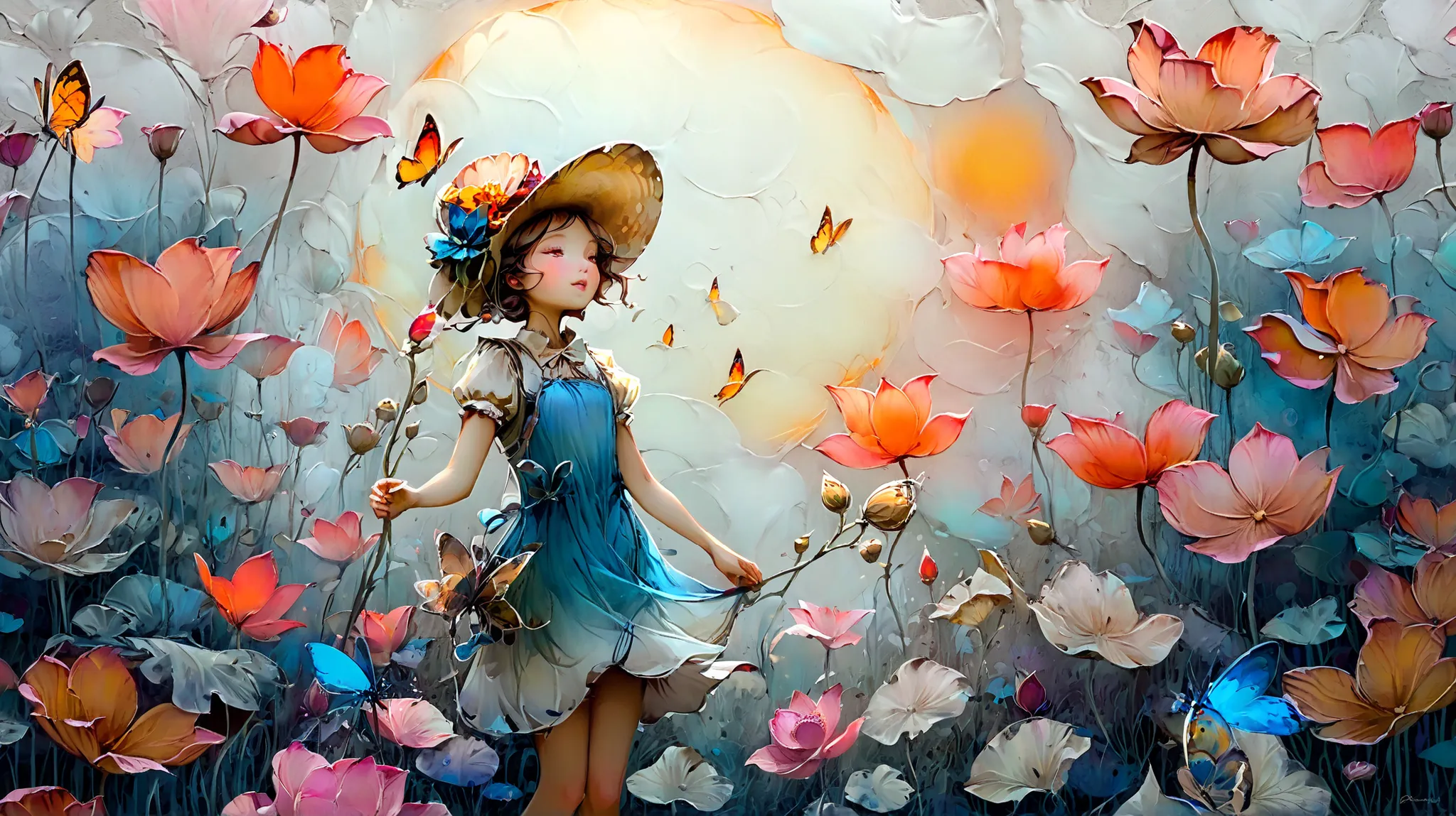 Whimsical art style, surreal fantasy, ethereal art, illustration. A girl in a summer dress and sun hat, releases a flock of butterflies in a field of giant lotus flowers. The lotus flowers are the size of trees and fill the entire background. Artstation, c...