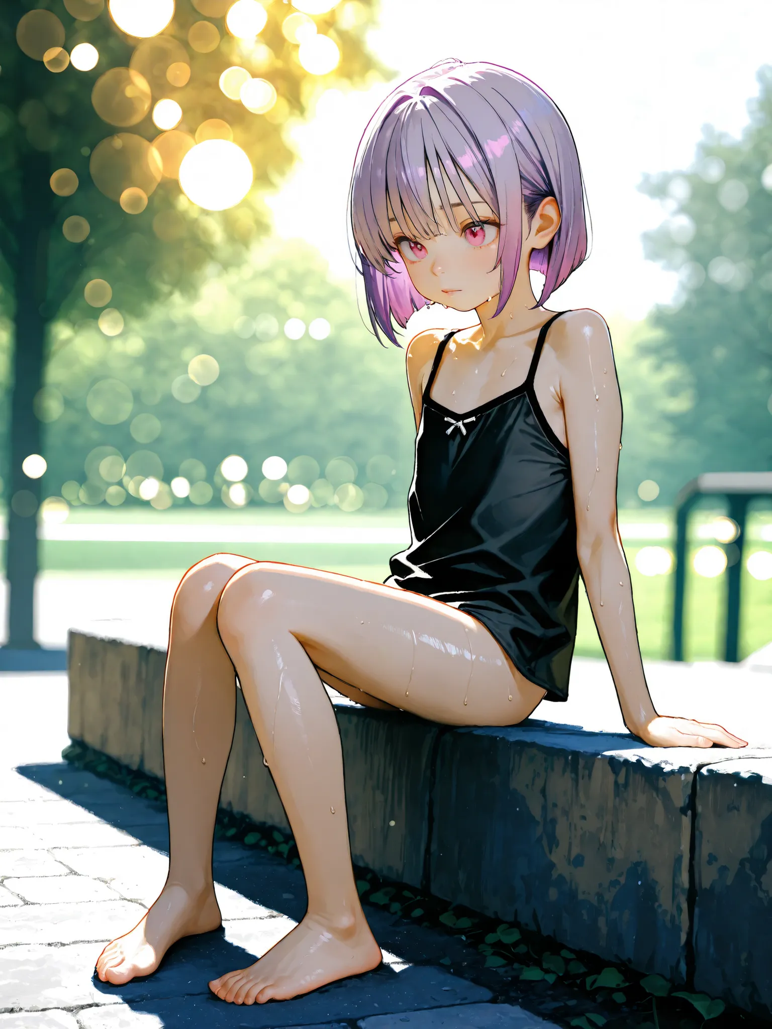 short girl, 1 girl,is young, flat chested,realisticな外観, big pink eyes, short bob、Two-tone purple hair and gray hair、Black Camisole、naked、Outdoors、full body、sweat、細部にこだわったrealisticな影、movie stills, real、Highest Quality, realistic, 4K Rendering, ultra-fine t...
