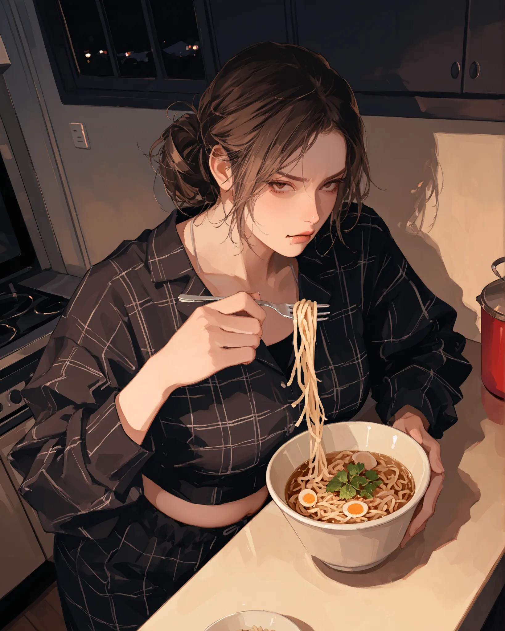 Woman eating noodles