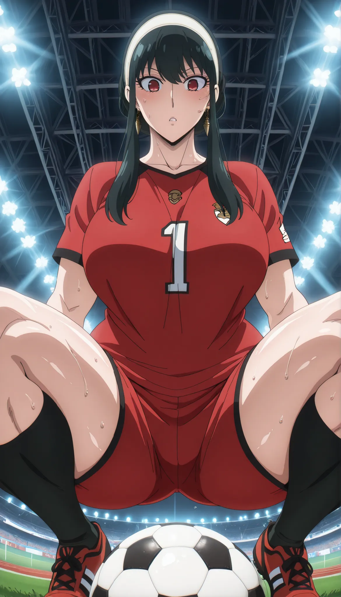 1woman, solo, Source_anime, soccer ground, wearing Soccer jersey, soccer shorts, socks, Soccer shoes, Soccer ball in ground, cinematic lighting, perfect lighting, detailed lighting, cinematic bloom,Quality_masterpiece, Anatomically correct, Beautiful face,...