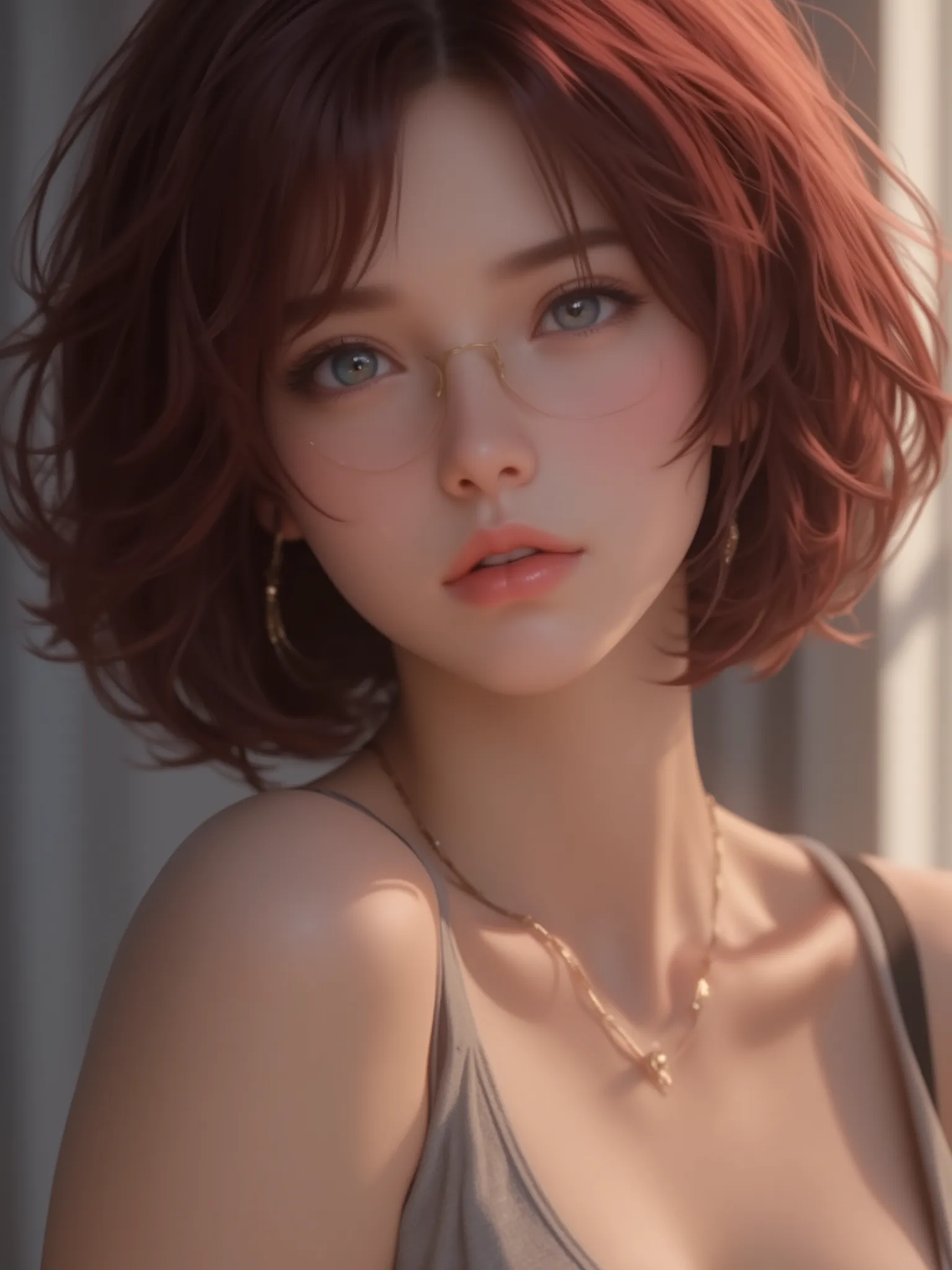 best quality, masterpiece, High resolution, portrait, actual, blue eyes, dark red short hair, tank top, cleavage, 8K resolution, high quality CG, Beautiful CG, Soft Light, fashion brand image, Fashionable and casual, The Tyndall effect, lifelike, studio, S...