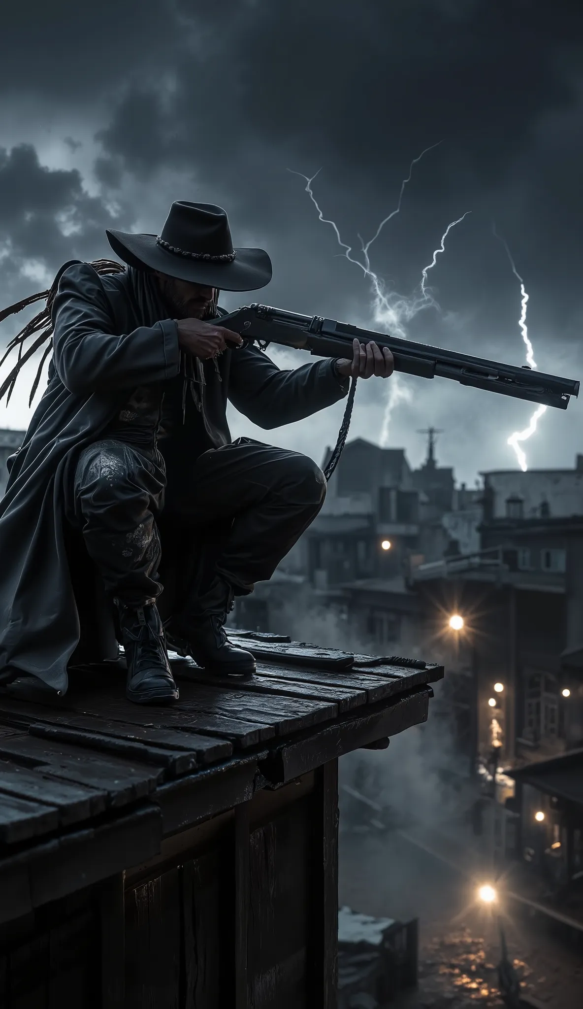 A hyperrealistic, cinematic low-angle shot in 16:9 aspect ratio of a cowboy perched on a rooftop, his silhouette sharply defined against the gloomy sky. He is pointing a long rifle downward, the barrel steady, eyes locked on his target below. His wide-brim...