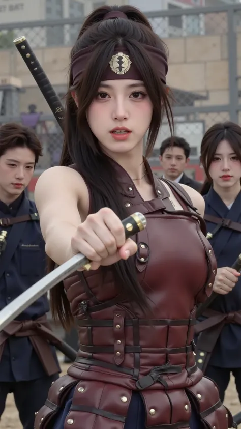 young japanese female samauri, leather body armor, katana unsheathed, leather headband with samauri markigs, long jet-black hair with high ponytail, loose hair strands, beautiful yet menancing