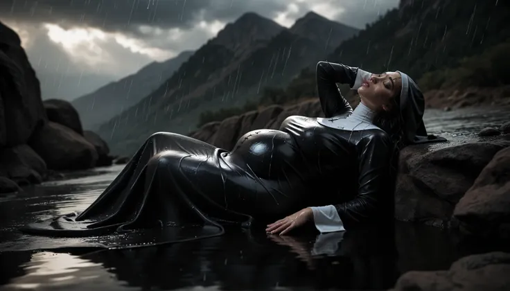 Create a hyperrealistic image of a nun woman lying down on a rock in top of a rocky mountain in a deep horizon, ((she is wearing a tight black nun blouse)), (((wearing a wet nun's habit that completely covers her body))), ((huge sagging bust size)), nature...