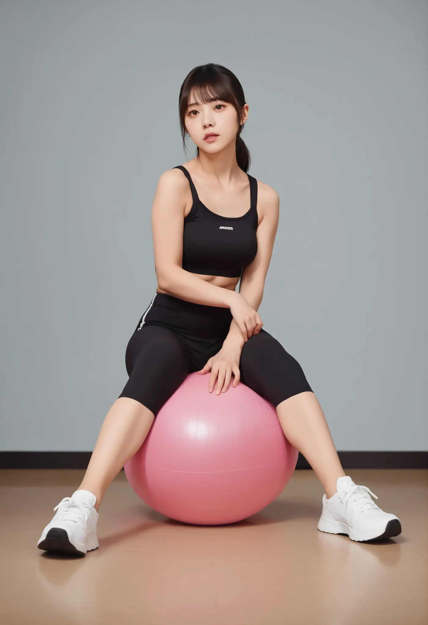 Is yuki yoda sitting on a dark brown exercise ball