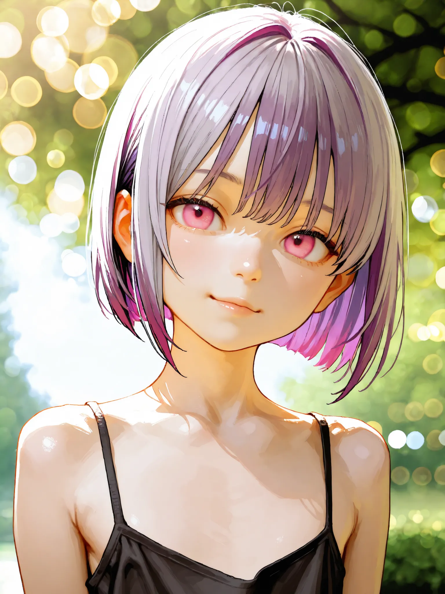 short girl, 1 girl,is young, flat chested,realisticな外観, big pink eyes, short bob、Two-tone purple hair and gray hair、Black Camisole、naked、Outdoors、climax、細部にこだわったrealisticな影、movie stills, real、Highest Quality, realistic, 4K Rendering, ultra-fine texture, p...