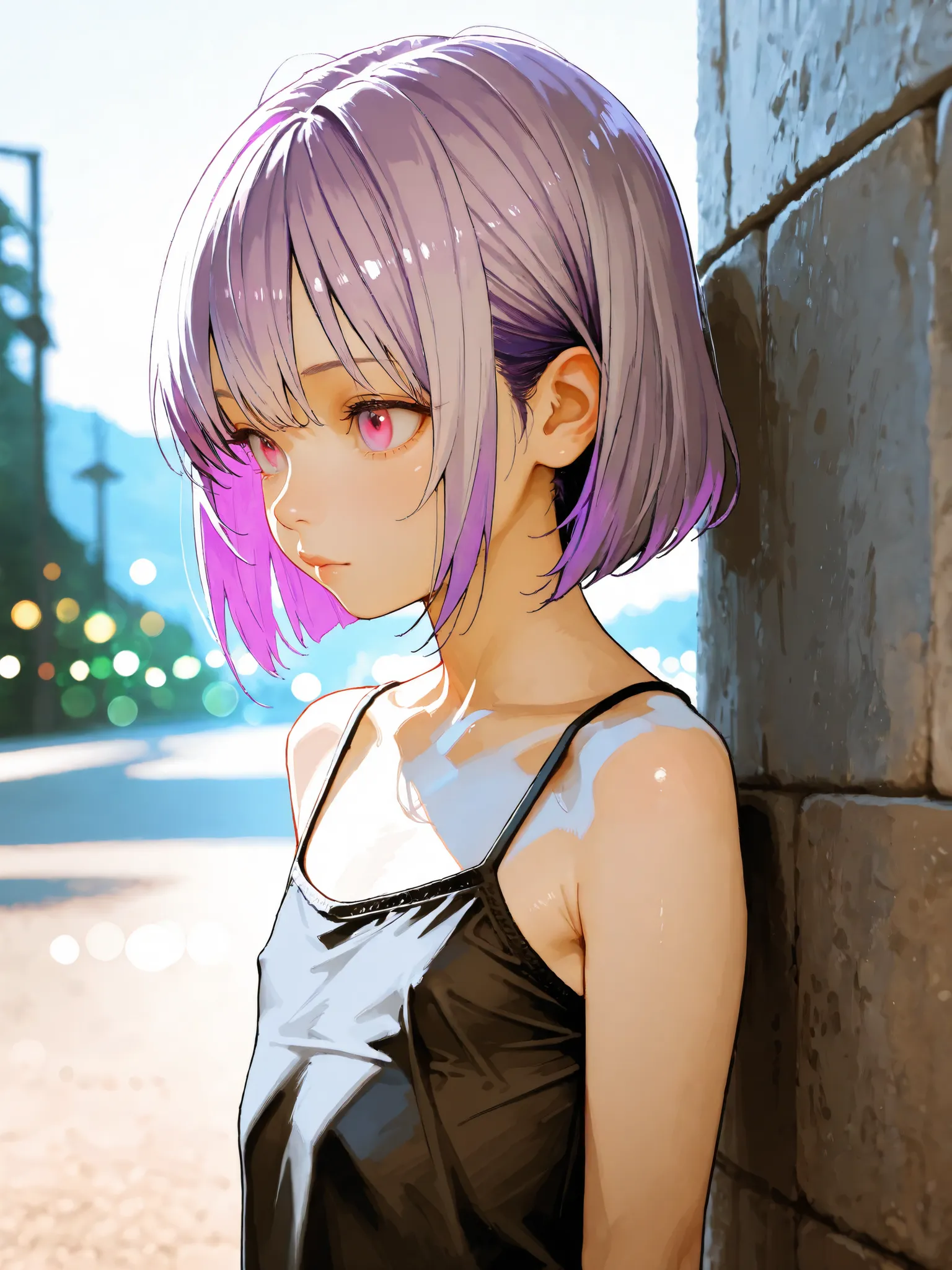 short girl, 1 girl,is young, flat chested,realisticな外観, big pink eyes, short bob、Two-tone purple hair and gray hair、Black Camisole、naked、Outdoors、climax、細部にこだわったrealisticな影、movie stills, real、Highest Quality, realistic, 4K Rendering, ultra-fine texture, p...