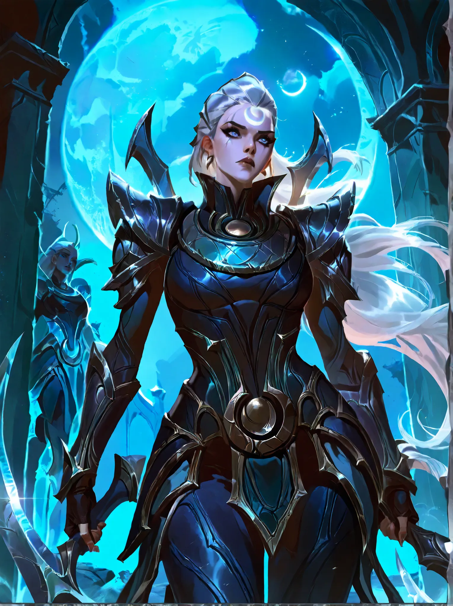 Diana from League of Legends, standing in a moonlit battlefield, long silver hair flowing, piercing pale blue eyes, wearing dark armor with silver crescent moon motifs, holding her (large), (curved crescent) blade, dramatic backlighting from a full moon, s...