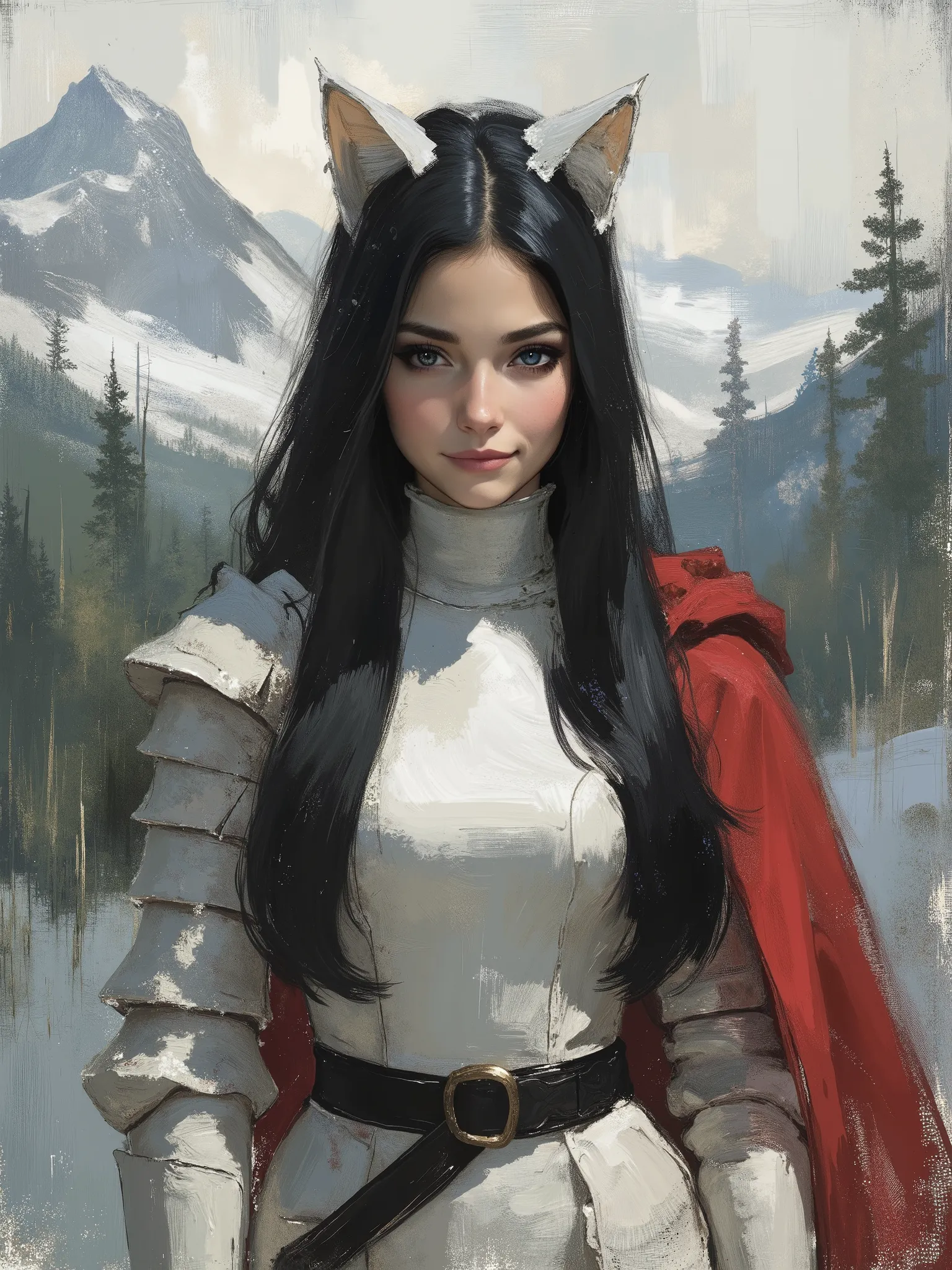 highres, A very beautiful 22 year old a lady paladin warrior, beautifully detailed eyes, (((DeepSkyBlue eyes: 1.5))), ((beautiful and detailed candy pink lips, thin lips, light smile)), (((long black hair, shiny hair))), white cat ears, ((dynamic pose, gra...