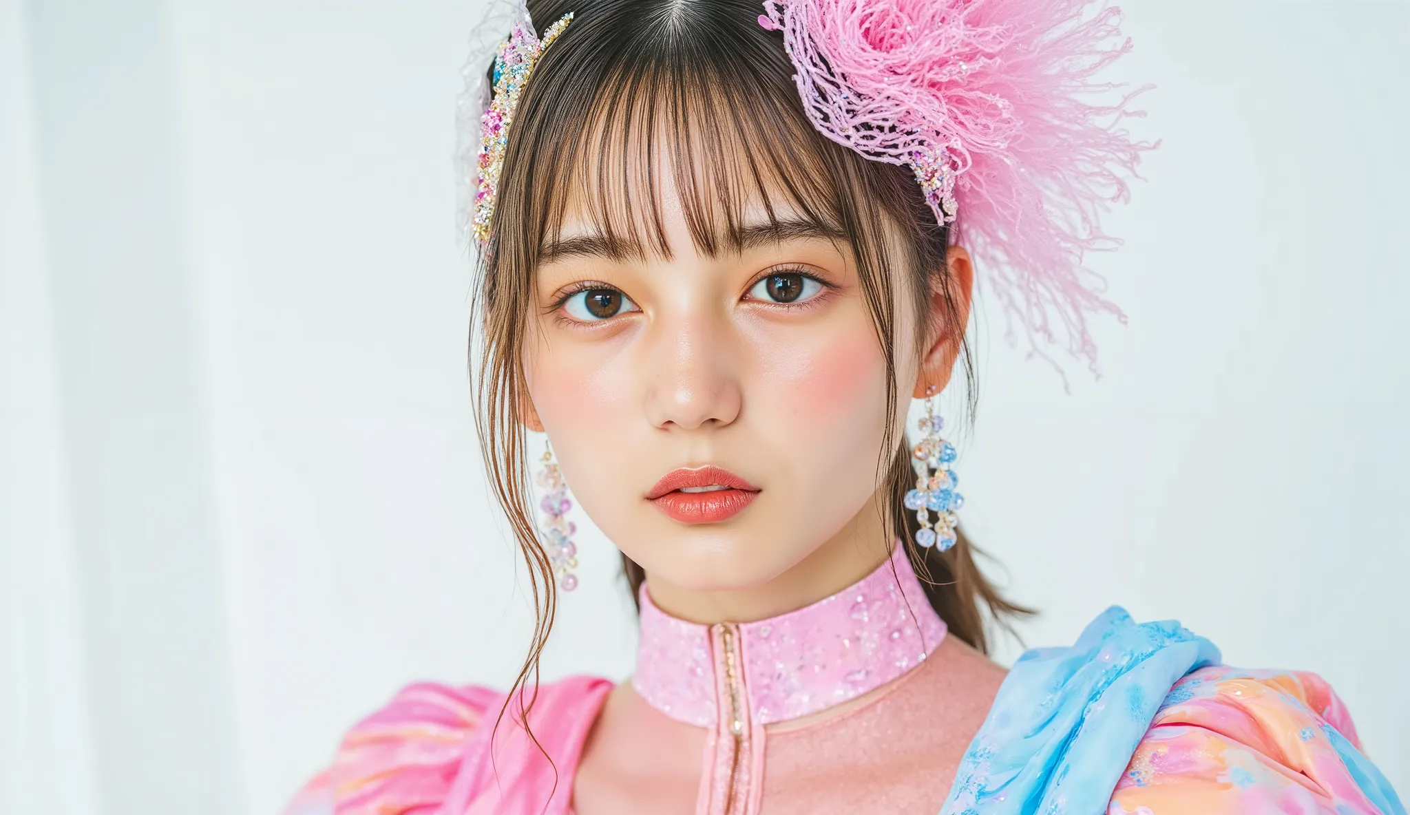 8k, masterpiece, armor,live-action,  young woman, Elegance,masterpiece、Diagonal corner,watches the audience, creates an artistic mystical soul-like image. ,บทความแฟชั่นไฮเอนด์ที่นำเสนอ young womanเชื้อสายเอเชียและสลาฟอายุ 20 ปี สวมชุดประติมากรรมสีรุ้งอ่อนพ...