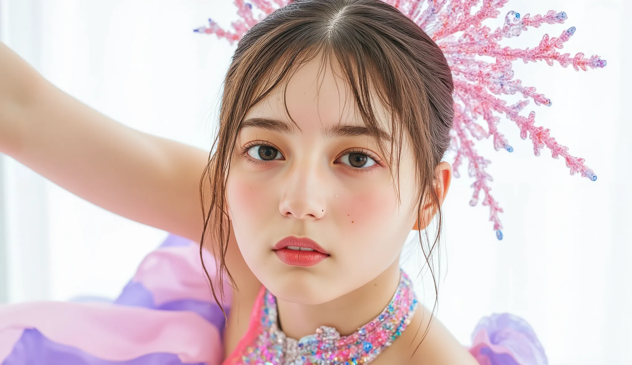 8k, masterpiece, armor,live-action,  young woman, Elegance,masterpiece、Diagonal corner,watches the audience, creates an artistic mystical soul-like image. ,บทความแฟชั่นไฮเอนด์ที่นำเสนอ young womanเชื้อสายเอเชียและสลาฟอายุ 20 ปี สวมชุดประติมากรรมสีรุ้งอ่อนพ...