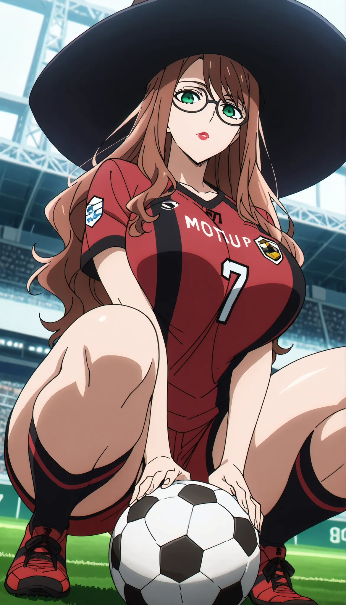 score_9, score_8_up, score_7_up, source_anime, sylvia sherwood, long hair, reddish-brown hair, green eyes, 1girl, solo, hat, glasses, anime coloring, witch hat, looking at viewer, lipstick, makeup, wearing Soccer jersey, soccer shorts, soccer shoes, socks,...