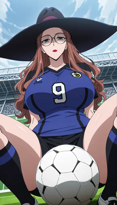 score_9, score_8_up, score_7_up, source_anime, sylvia sherwood, long hair, reddish-brown hair, green eyes, 1girl, solo, hat, glasses, anime coloring, witch hat, looking at viewer, lipstick, makeup, wearing Soccer jersey, soccer shorts, soccer shoes, socks,...