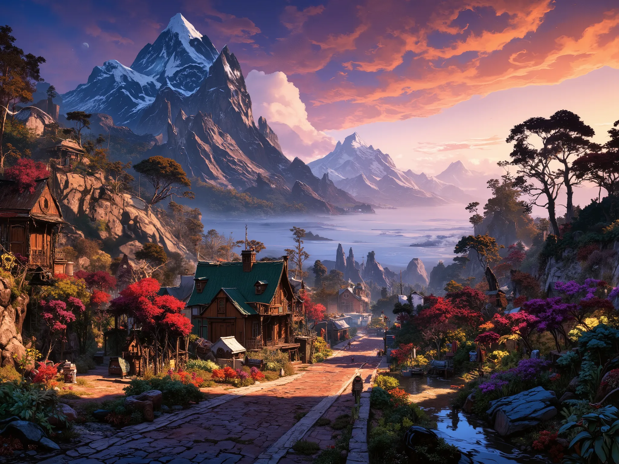 A small village by the river, color of the mountain in the background, colorful flower flowers, detailed landscape, beautiful natural landscapes, atmospheric lighting, scorching sunset, warm colors, Practical, фотоPractical, detailed foliage, complex build...