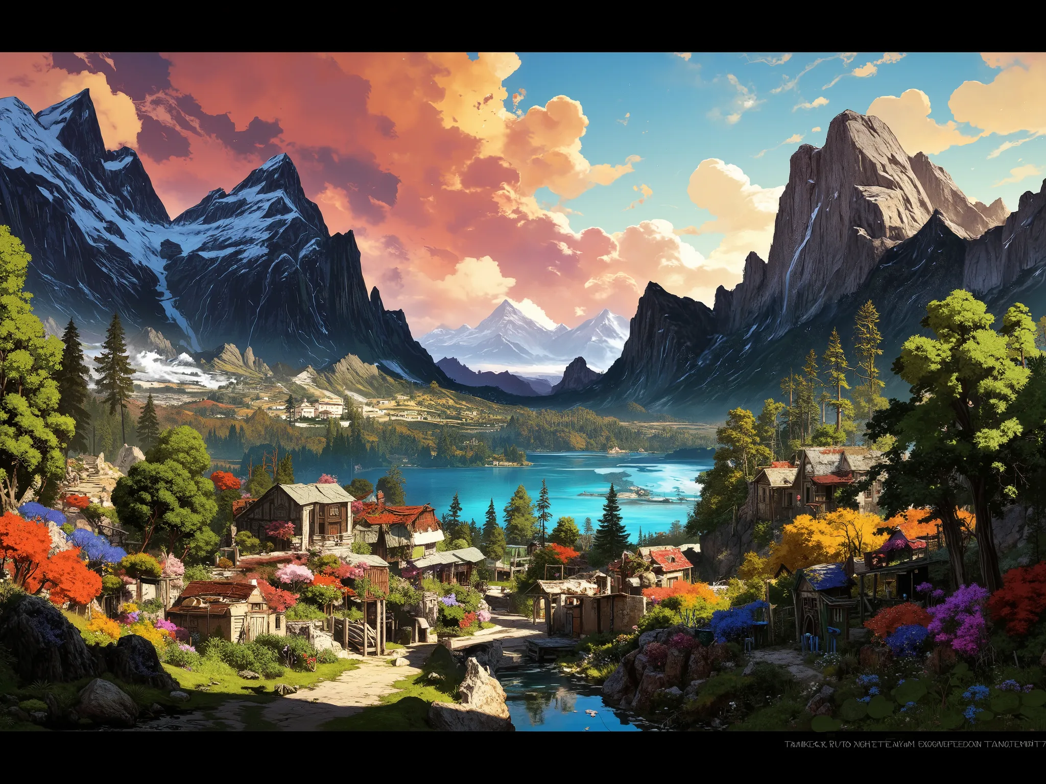 A small village by the river, color of the mountain in the background, colorful flower flowers, detailed landscape, beautiful natural landscapes, atmospheric lighting, scorching sunset, warm colors, Practical, фотоPractical, detailed foliage, complex build...