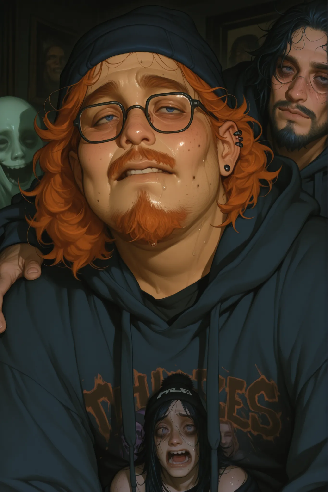 1 man, chubby grunge goth themed nerdy boy in his 20s, chubby, plus size. fat cherubic face, dark blue hoodie with ghost on the front, short ginger facial hair, acne on face, long greasy cinger hair, small thin rimmed glasses, acne on face, moles, chin hai...