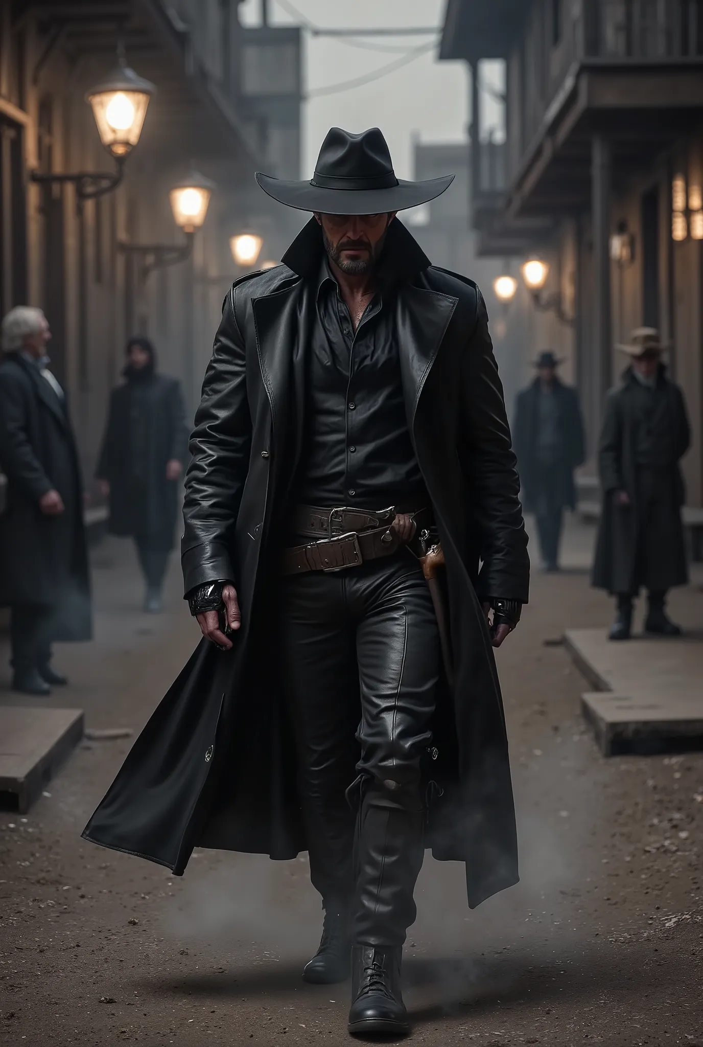 A hyperrealistic, cinematic low-angle shot in 16:9 aspect ratio of Jack Crowley, shrouded in a long black leather overcoat, walking steadily forward on a dimly lit dirt path. His wide-brimmed hat casts a shadow over his eyes, adding to the ominous atmosphe...