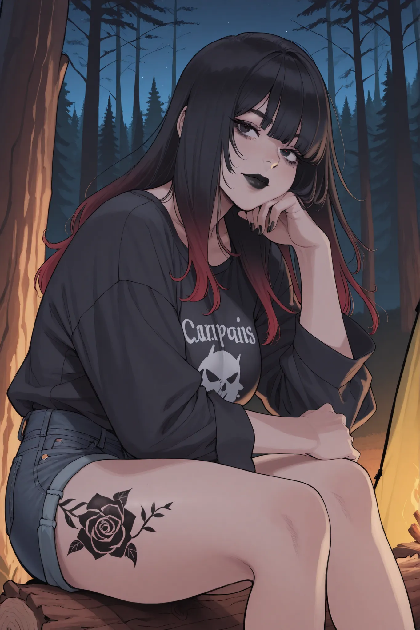1 girl, long black hair, red gradient hair, long bangs, voluptuous, black lips, black nails, heavy matal shirt, short denim shorts, thigh rose tattoo, camping, pine forest, at night, sitting on a wooden log, face resting on hand