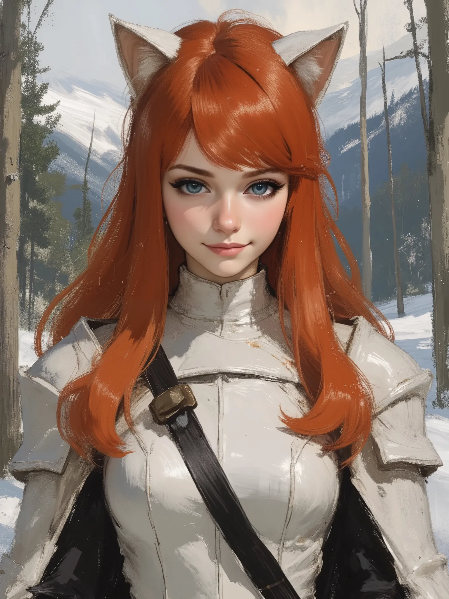 highres, Close-up, A very beautiful 22 year old a lady paladin warrior, beautifully detailed eyes, (((DeepSkyBlue eyes: 1.5))), ((beautiful and detailed candy pink lips, thin lips, light smile)), (((long orange red hair, shiny hair))), white cat ears, ((dy...