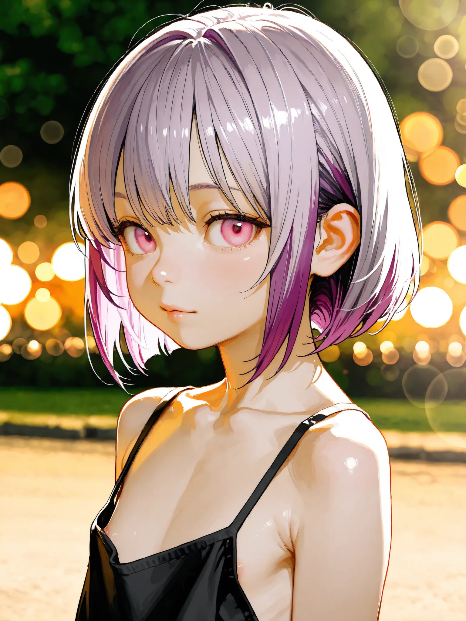 short girl, 1 girl,is young, flat chested,realisticな外観, big pink eyes, short bob、Two-tone purple hair and gray hair、Black Camisole、no bra、naked、Outdoors、細部にこだわったrealisticな影、movie stills, real、Highest Quality, realistic, 4K Rendering, ultra-fine texture, p...