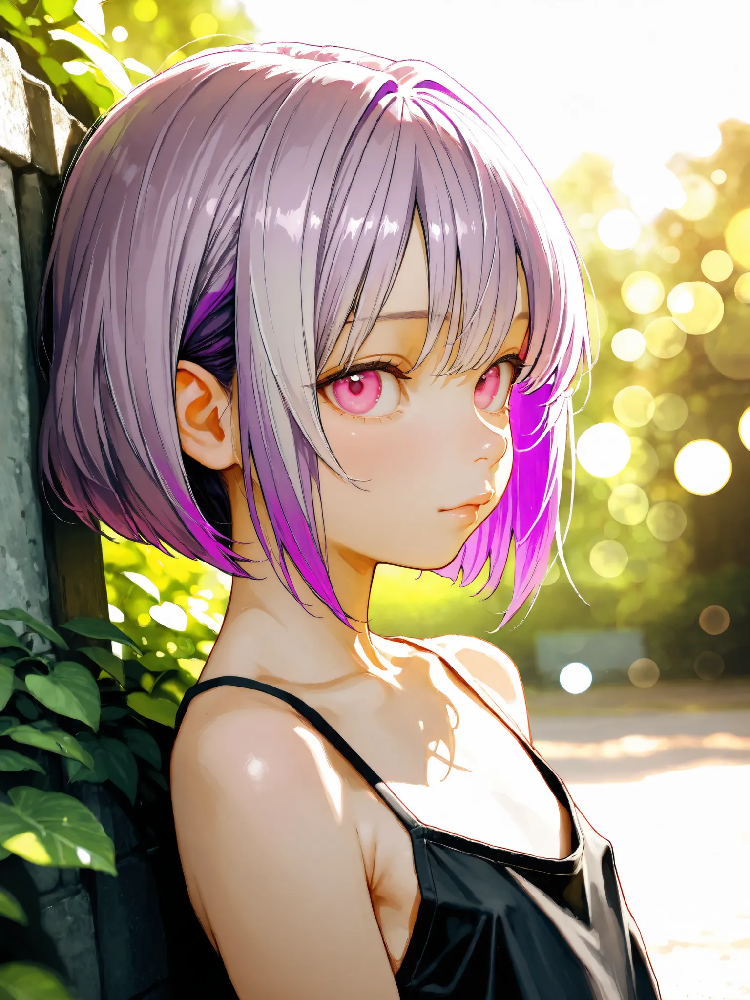 short girl, 1 girl,is young, flat chested,realisticな外観, big pink eyes, short bob、Two-tone purple hair and gray hair、Black Camisole、no bra、naked、Outdoors、細部にこだわったrealisticな影、movie stills, real、Highest Quality, realistic, 4K Rendering, ultra-fine texture, p...