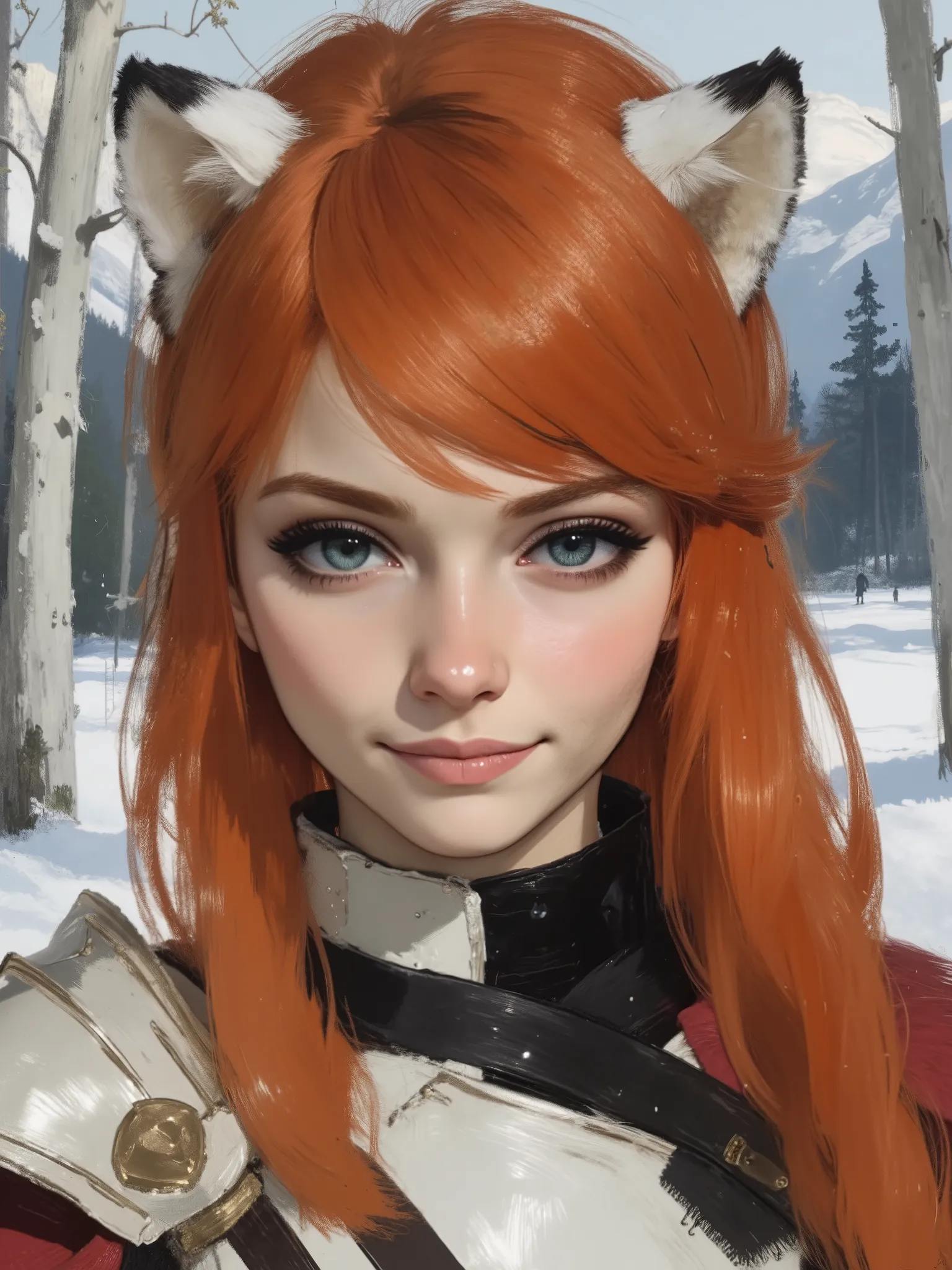 highres, Close-up, A very beautiful 22 year old a lady paladin warrior, beautifully detailed eyes, (((DeepSkyBlue eyes: 1.5))), ((beautiful and detailed candy pink lips, thin lips, light smile)), (((long orange red hair, shiny hair))), white tiger ears, ((...