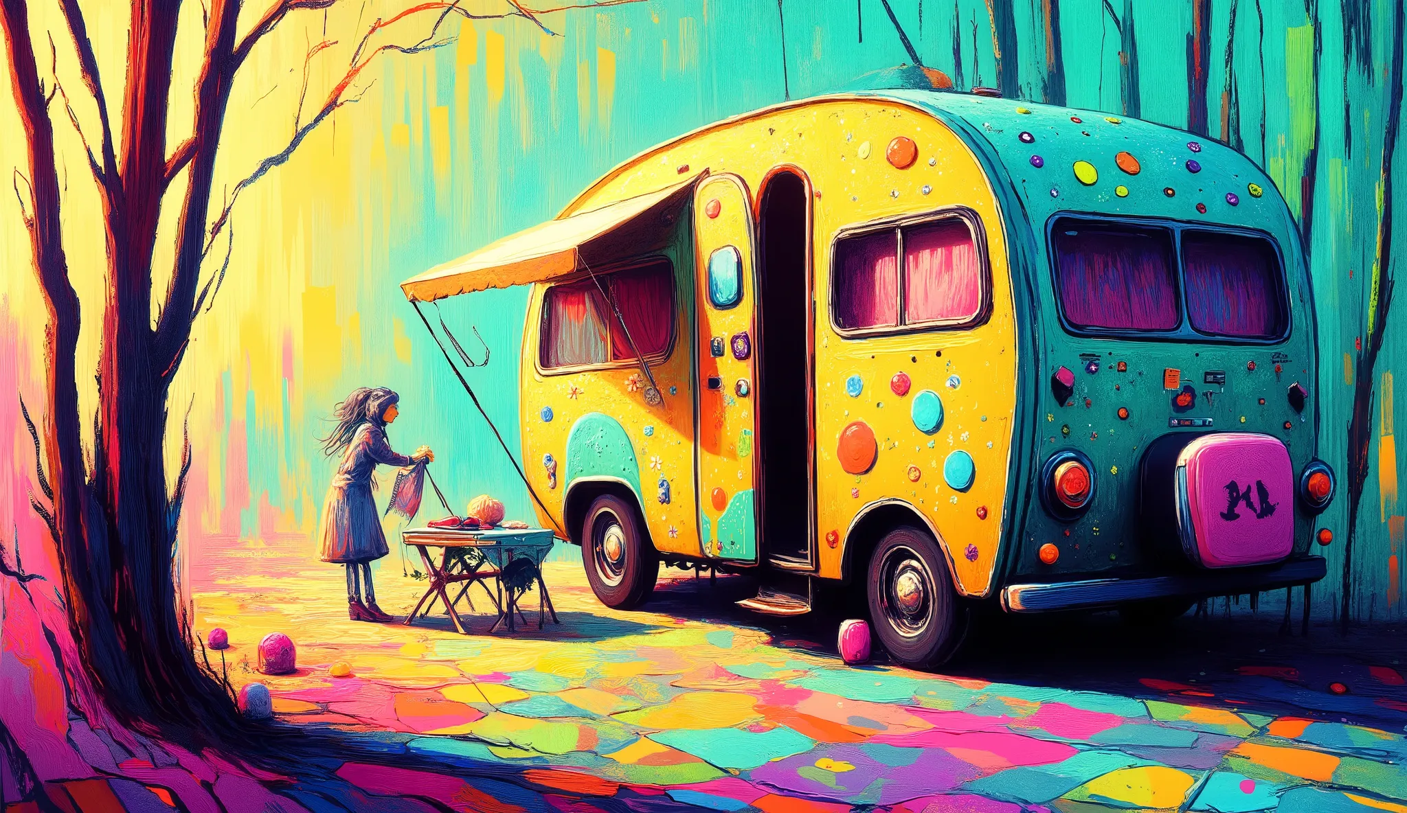 girl arranging colorful camping gear beside a retro flower power camping trailer, vibrant psychedelic campsite setup, bohemian outdoor lifestyle, edge of mystical forest with tall thin trees, bright natural sunlight with rainbow prism effects, neon colors,...