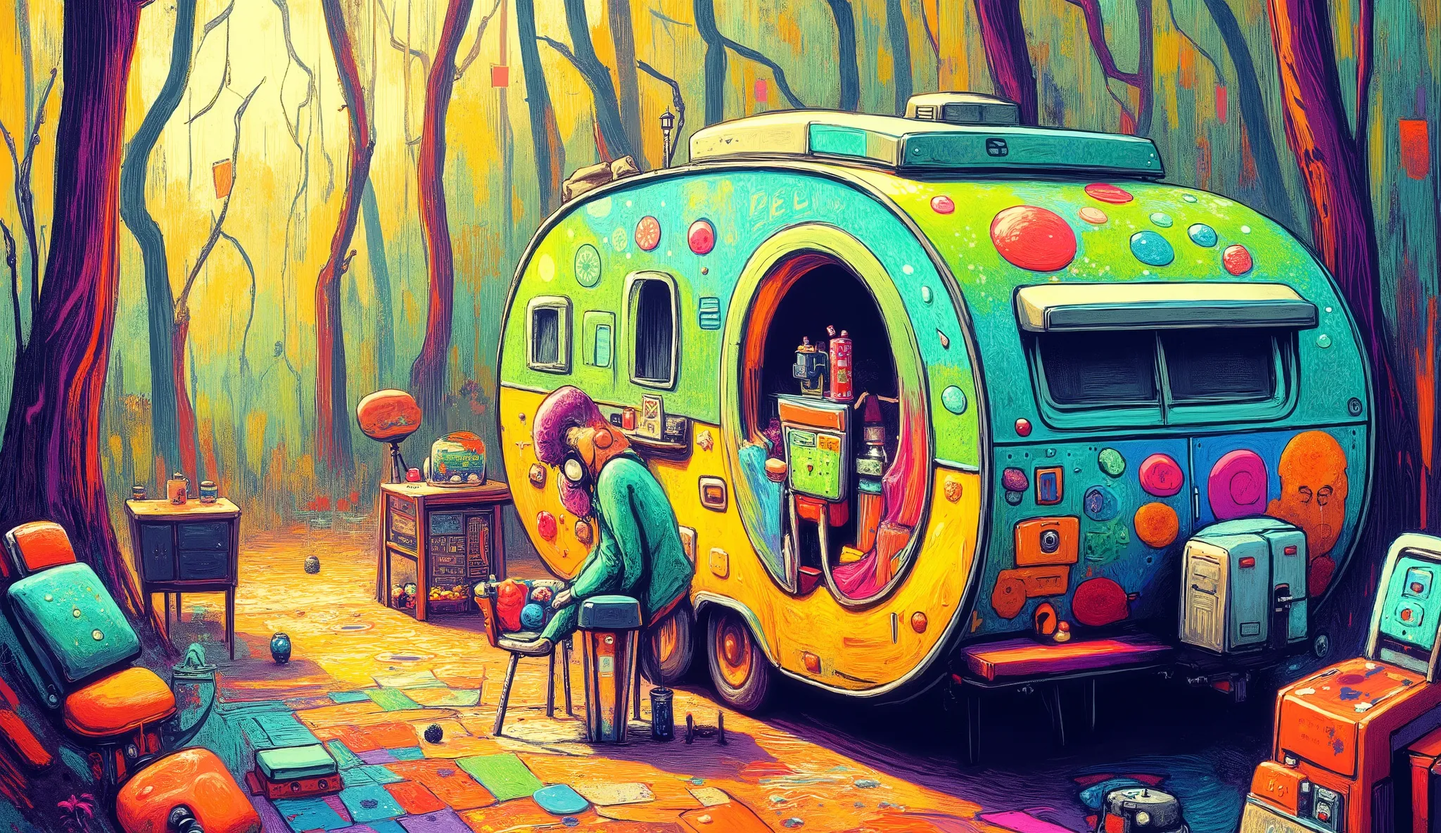 girl arranging colorful camping gear beside a retro flower power camping trailer, vibrant psychedelic campsite setup, bohemian outdoor lifestyle, edge of mystical forest with tall thin trees, bright natural sunlight with rainbow prism effects, neon colors,...