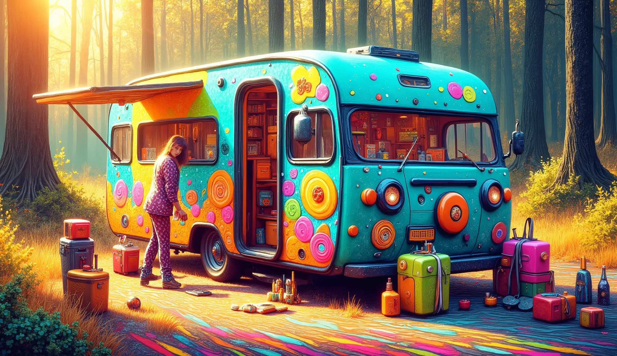 girl arranging colorful camping gear beside a retro flower power camping trailer, vibrant psychedelic campsite setup, bohemian outdoor lifestyle, edge of mystical forest with tall thin trees, bright natural sunlight with rainbow prism effects, neon colors,...