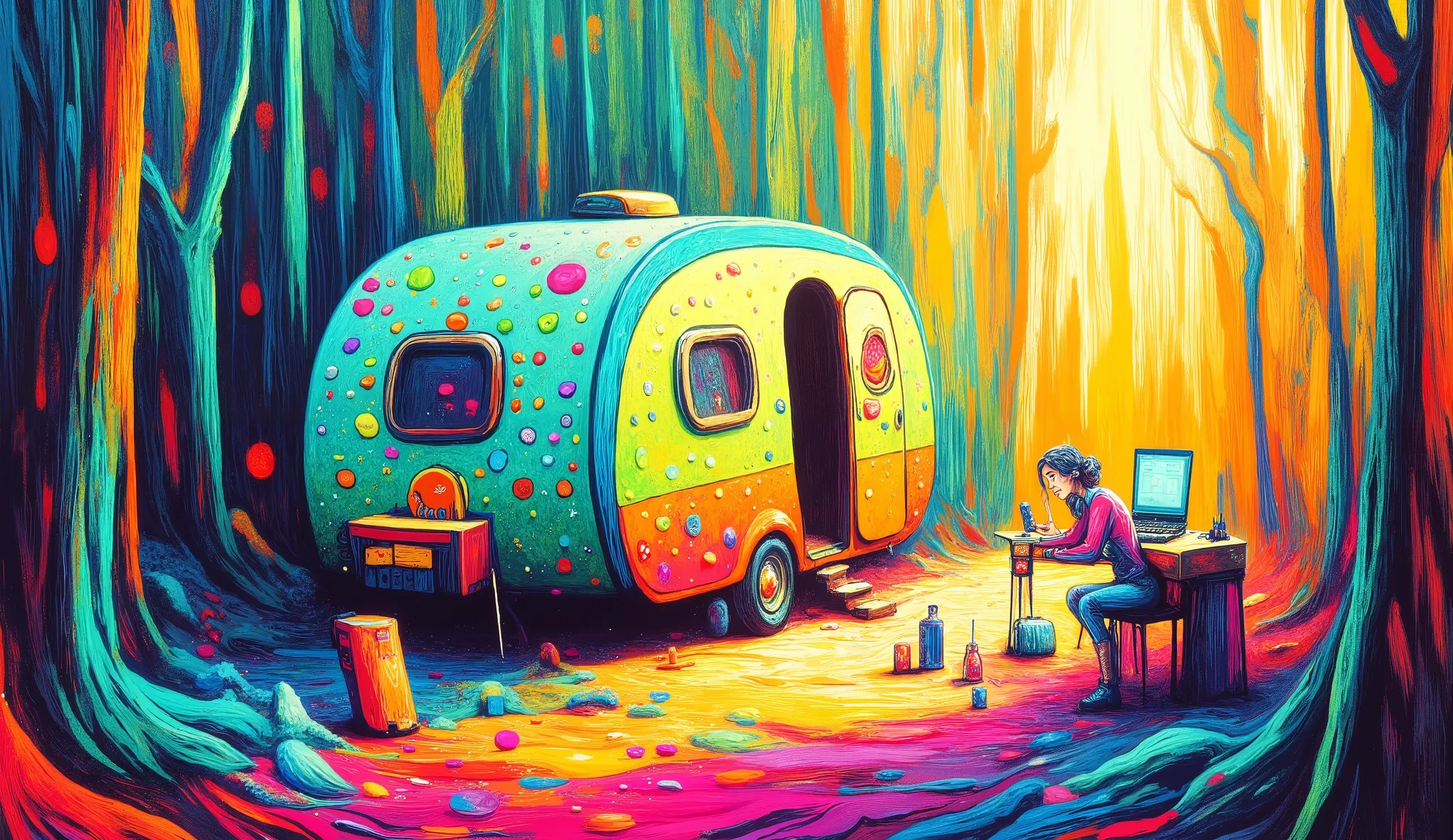 girl arranging colorful camping gear beside a retro flower power camping trailer, vibrant psychedelic campsite setup, bohemian outdoor lifestyle, edge of mystical forest with tall thin trees, bright natural sunlight with rainbow prism effects, neon colors,...