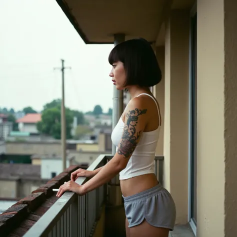 "A young Asian woman standing on the narrow balcony of an urban apartment building in Japan. She has a short bob haircut with side-swept bangs and visible tattoos on her arms, including detailed roses and floral motifs. She is wearing a white fitted tank t...