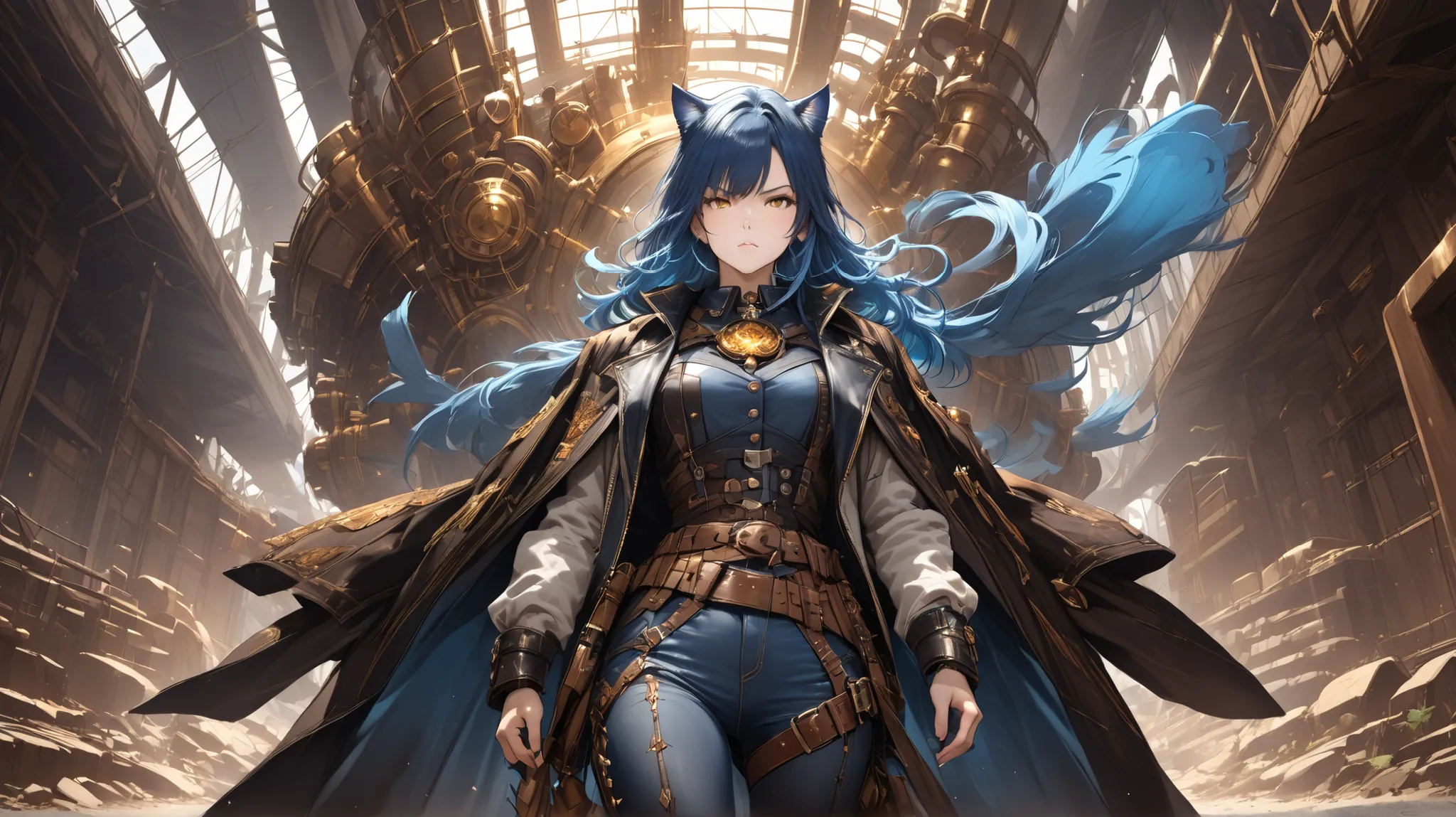a fierce anthropomorphic cat warrior with long wild blue hair, wearing patched leather and denim clothes, standing confidently with hands in pockets, intense golden eyes, fantasy steampunk vibe, detailed clothing, rustic jewelry and belts, bright splashes ...