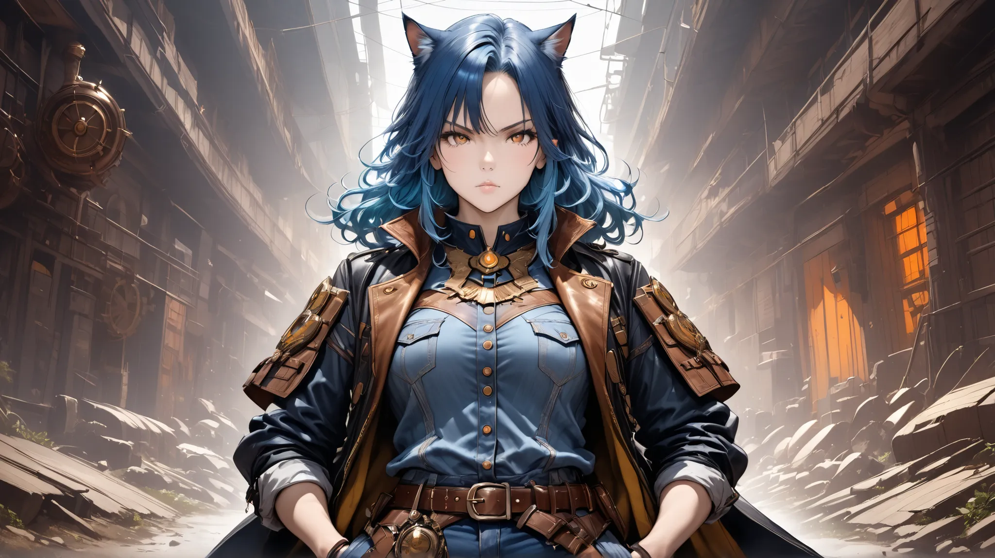 a fierce anthropomorphic cat warrior with long wild blue hair, wearing patched leather and denim clothes, standing confidently with hands in pockets, intense golden eyes, fantasy steampunk vibe, detailed clothing, rustic jewelry and belts, bright splashes ...