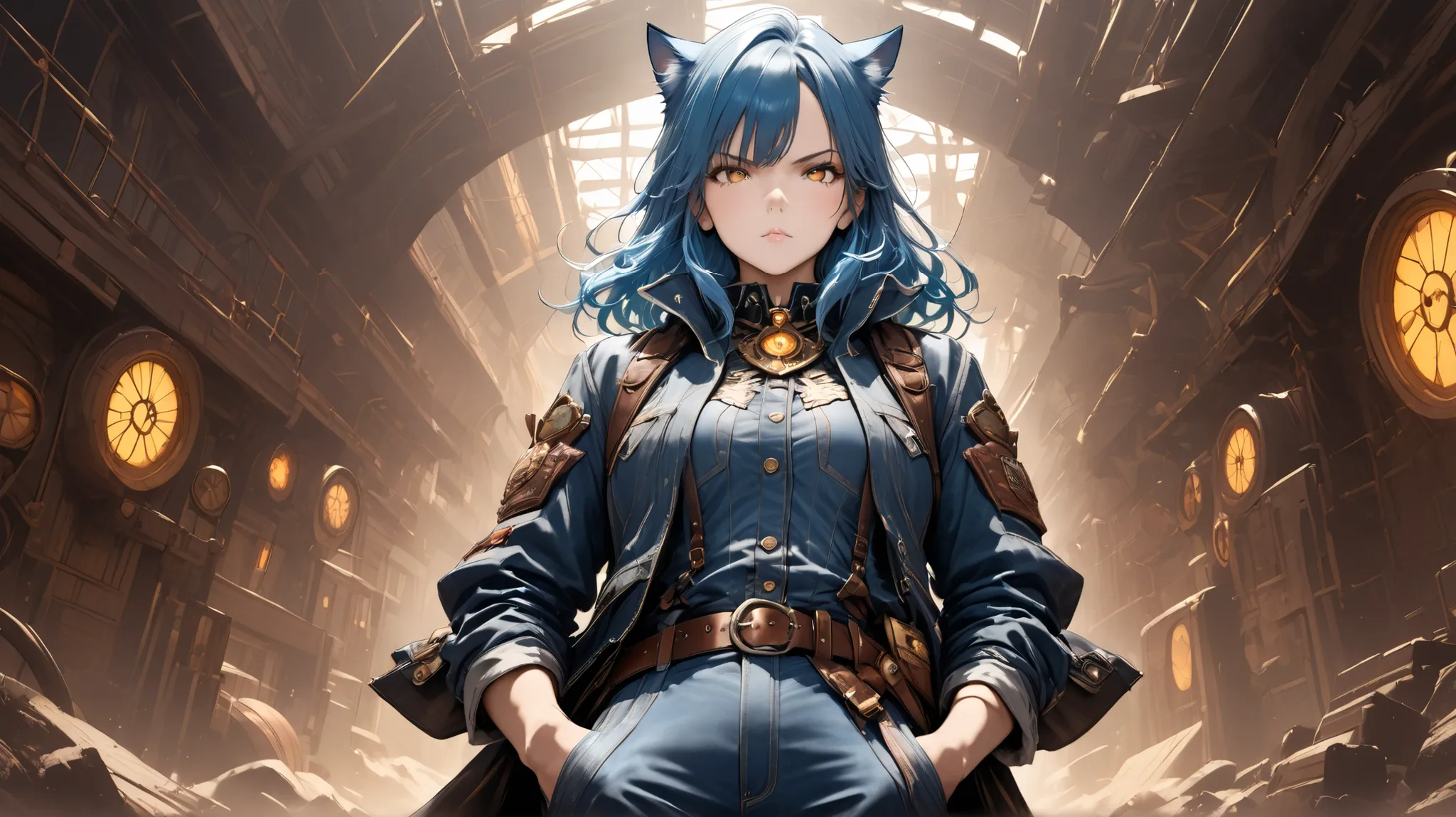 a fierce anthropomorphic cat warrior with long wild blue hair, wearing patched leather and denim clothes, standing confidently with hands in pockets, intense golden eyes, fantasy steampunk vibe, detailed clothing, rustic jewelry and belts, bright splashes ...
