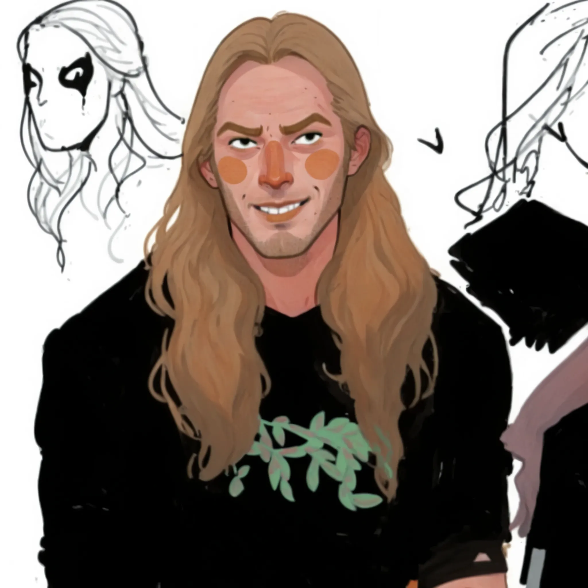 1boy, 2d art, flat colors, detailed male faces, tiefling, horns, simple black eyes, gouache texture, half body portrait, gouache painting, vibrant colors, chiseled features, thick gouache render, novuschroma57 style cartoon, in gougoupaintleaves, FRESHIDEA...