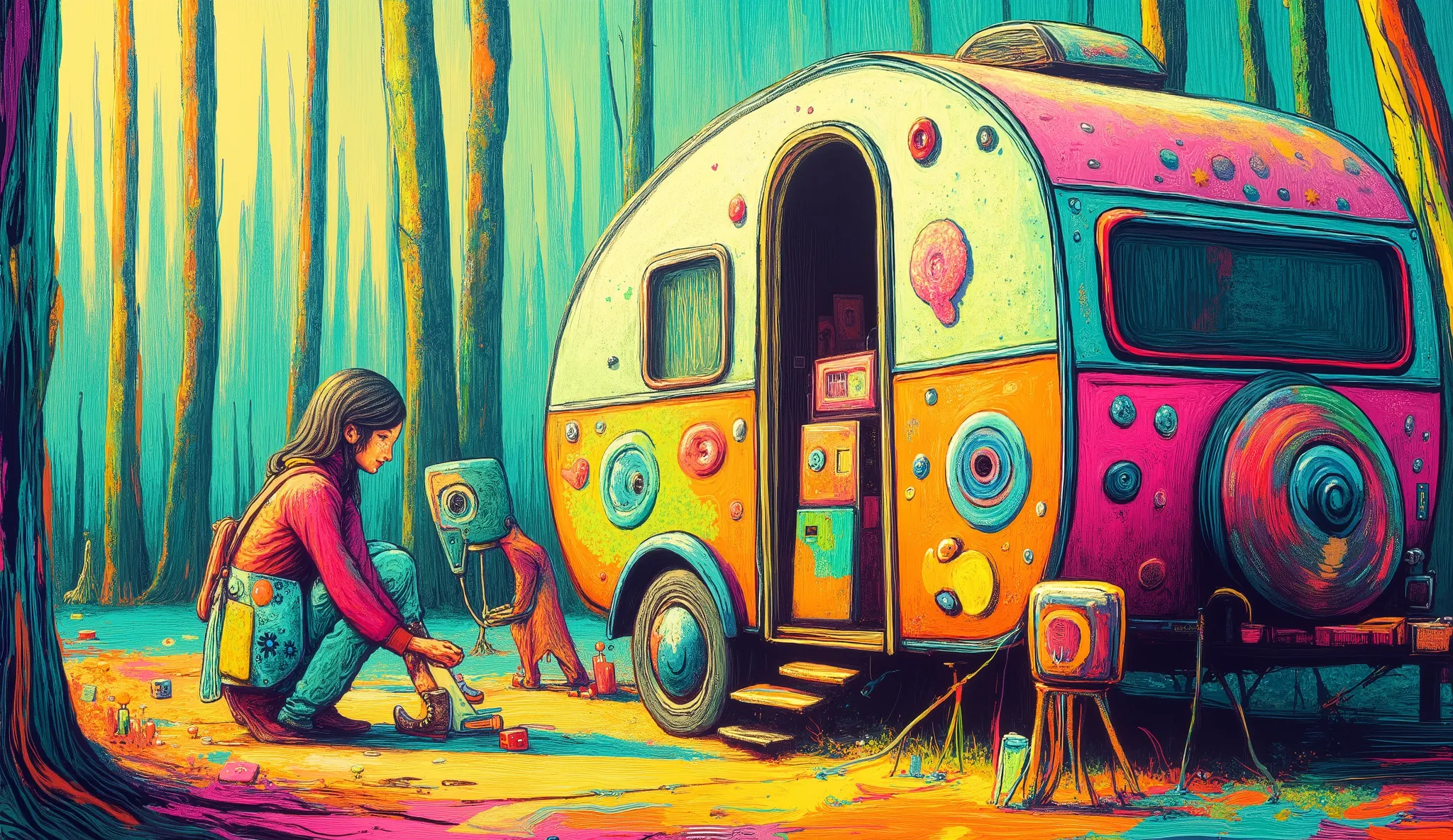 girl arranging colorful camping gear beside a retro flower power camping trailer, vibrant psychedelic campsite setup, bohemian outdoor lifestyle, edge of mystical forest with tall thin trees, bright natural sunlight with rainbow prism effects, neon colors,...