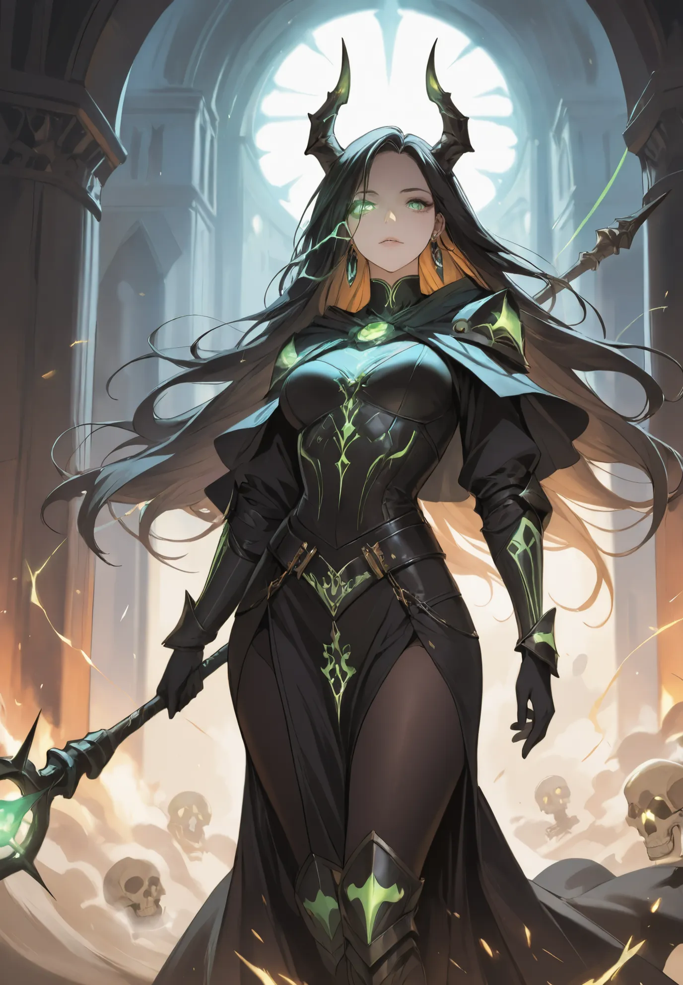 1girl, A female wizard is casting a spell ,Long messy black hair , flowing hair , dark horns , earrings , green eyes , ((glowing eye trail)) ,elegant body , curvaceous, glowing runes on her body , staff , crystal glowing , sparks of magic , posing , Necrom...