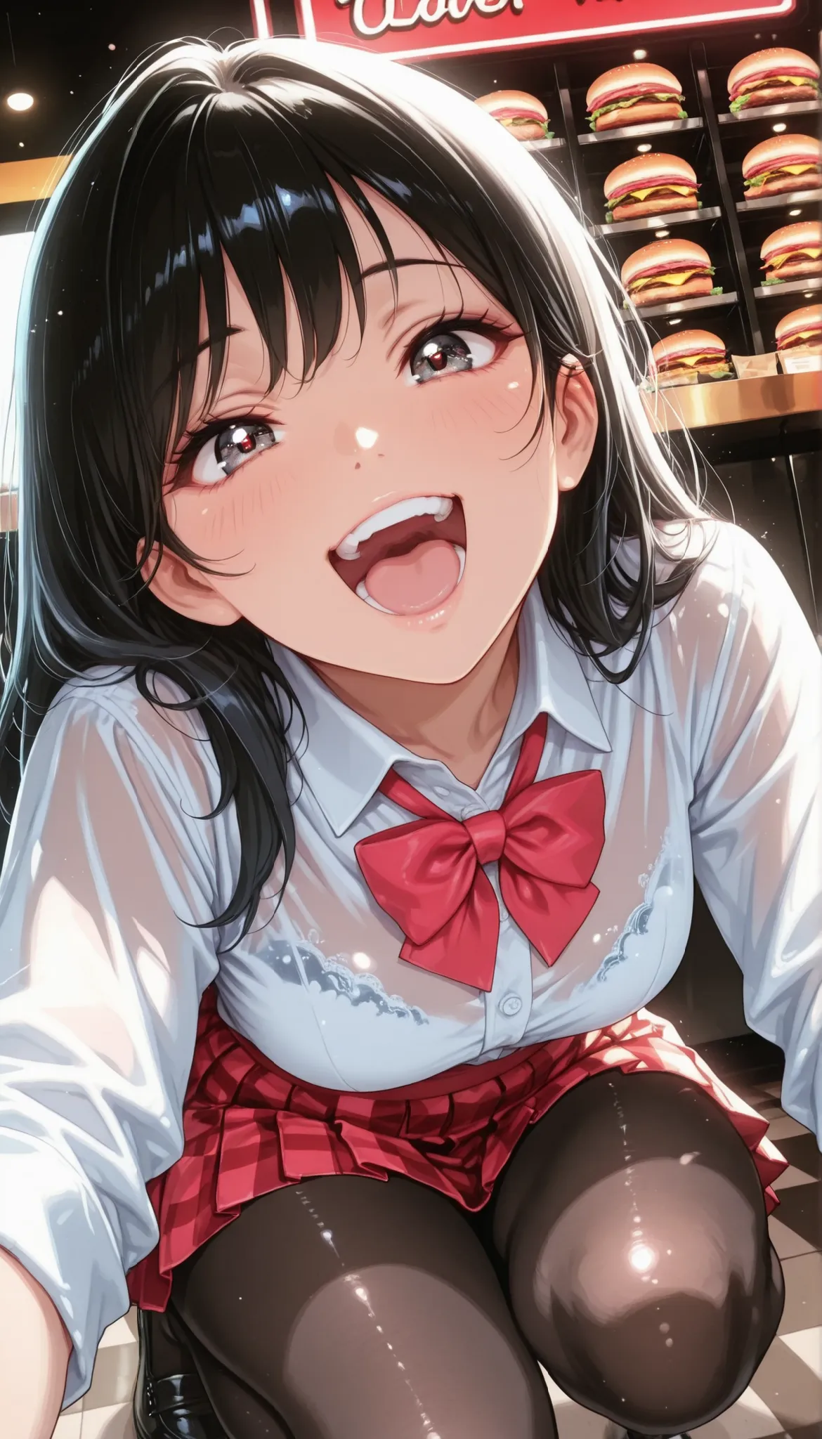 is so lovelyな女子校生, 1 woman, beauty, (long black hair, white shirt, bow tie, See-through Tops, Red checkered pleated mini skirt, black pantyhose), dark store interior, hamburger shop, Lively, laugh, Open your mouth lewdly, in Kura, squat, face focus, fr...