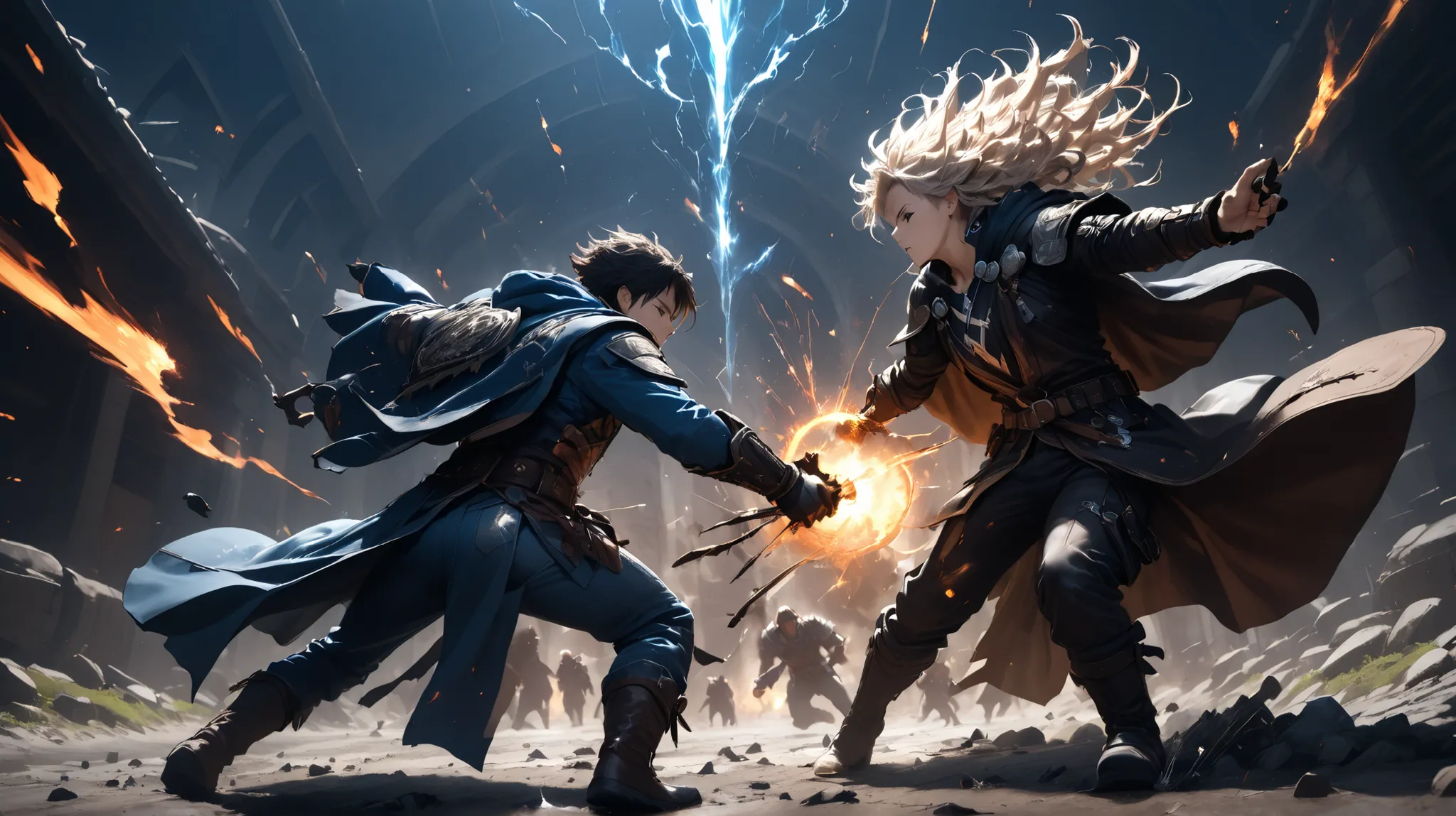 a dramatic battle scene between two anthropomorphic cat warriors, one casting elemental spells with fire and water, wearing a mage's cloak with runes, and the other a wild-haired fighter in leather and denim, slashing through magic with claws and energy, e...