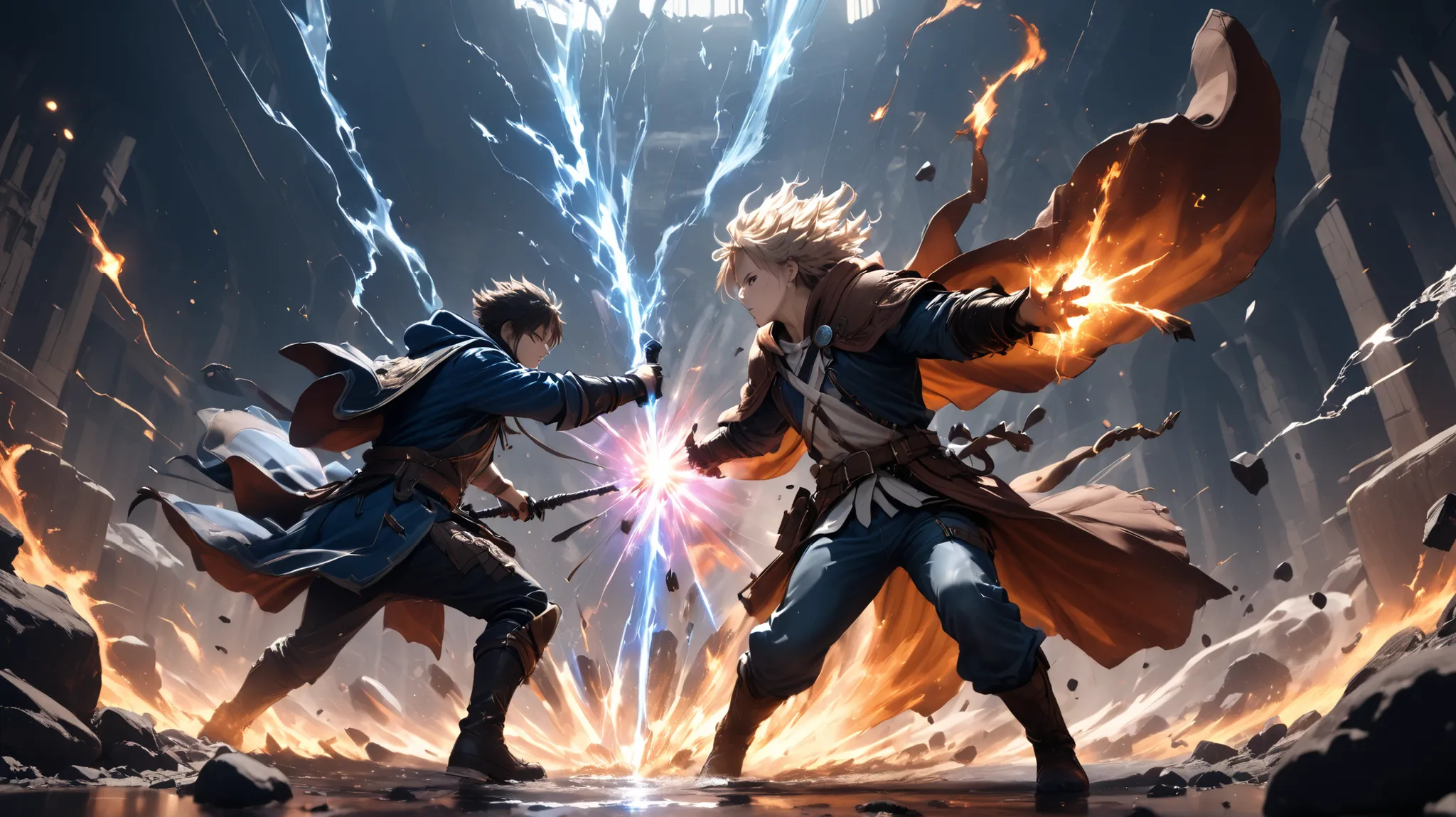 a dramatic battle scene between two anthropomorphic cat warriors, one casting elemental spells with fire and water, wearing a mage's cloak with runes, and the other a wild-haired fighter in leather and denim, slashing through magic with claws and energy, e...