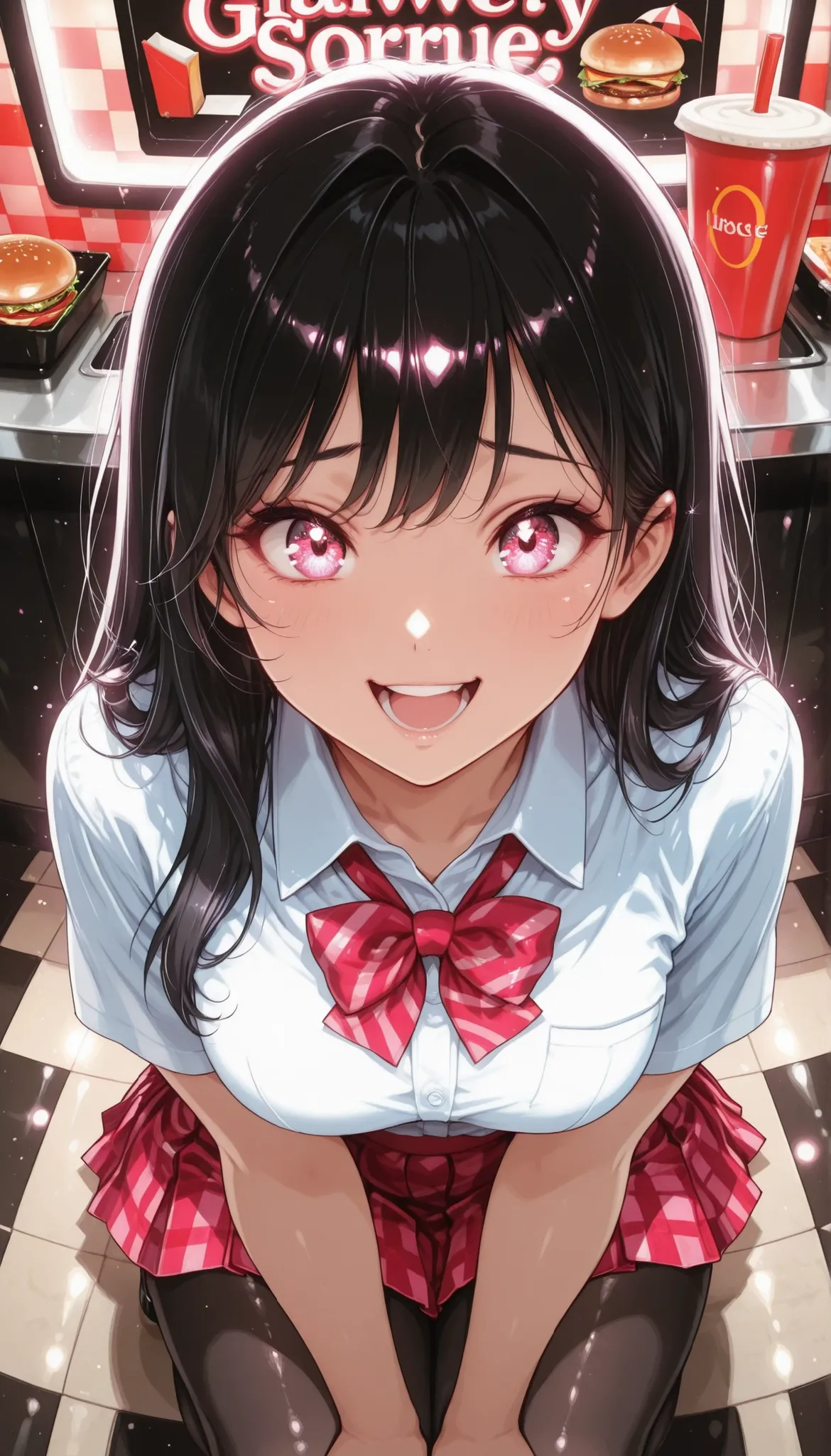 is so lovelyな女子校生, 1 woman, beauty, (long black hair, white shirt, bow tie, Red checkered pleated mini skirt, black pantyhose), dark store interior, hamburger shop, Lively, laugh, in Kura, squat, face focus, from above, Inside a fast food restaurant, Gl...