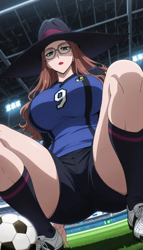 score_9, score_8_up, score_7_up, source_anime, sylvia sherwood, long hair, reddish-brown hair, green eyes, 1girl, solo, hat, glasses, anime coloring, witch hat, looking at viewer, lipstick, makeup, wearing Soccer jersey, soccer shorts, soccer shoes, socks,...
