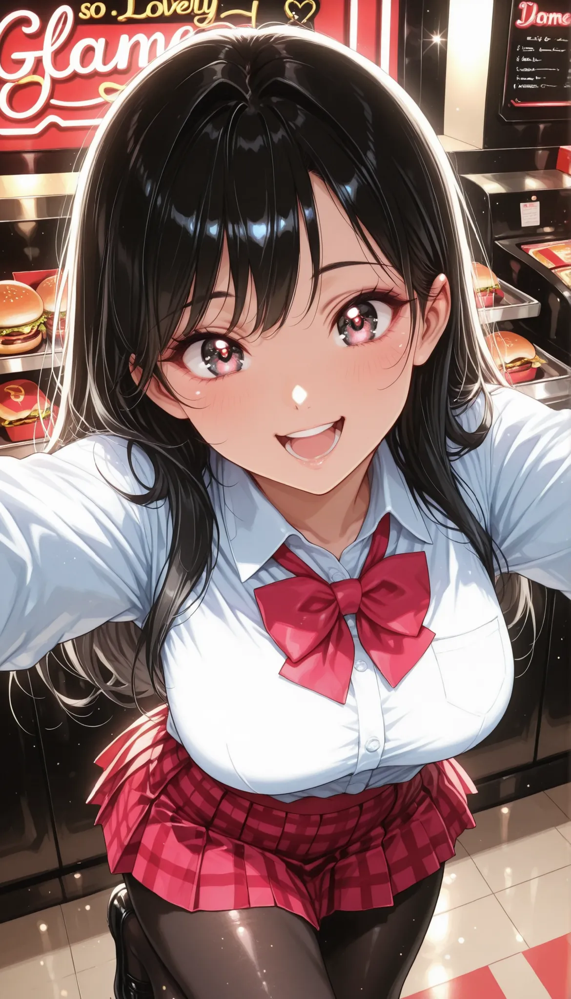 is so lovelyな女子校生, 1 woman, beauty, (long black hair, white shirt, bow tie, Red checkered pleated mini skirt, black pantyhose), dark store interior, hamburger shop, Lively, laugh, in Kura, Open one leg, face focus, from above, Inside a fast food restaur...