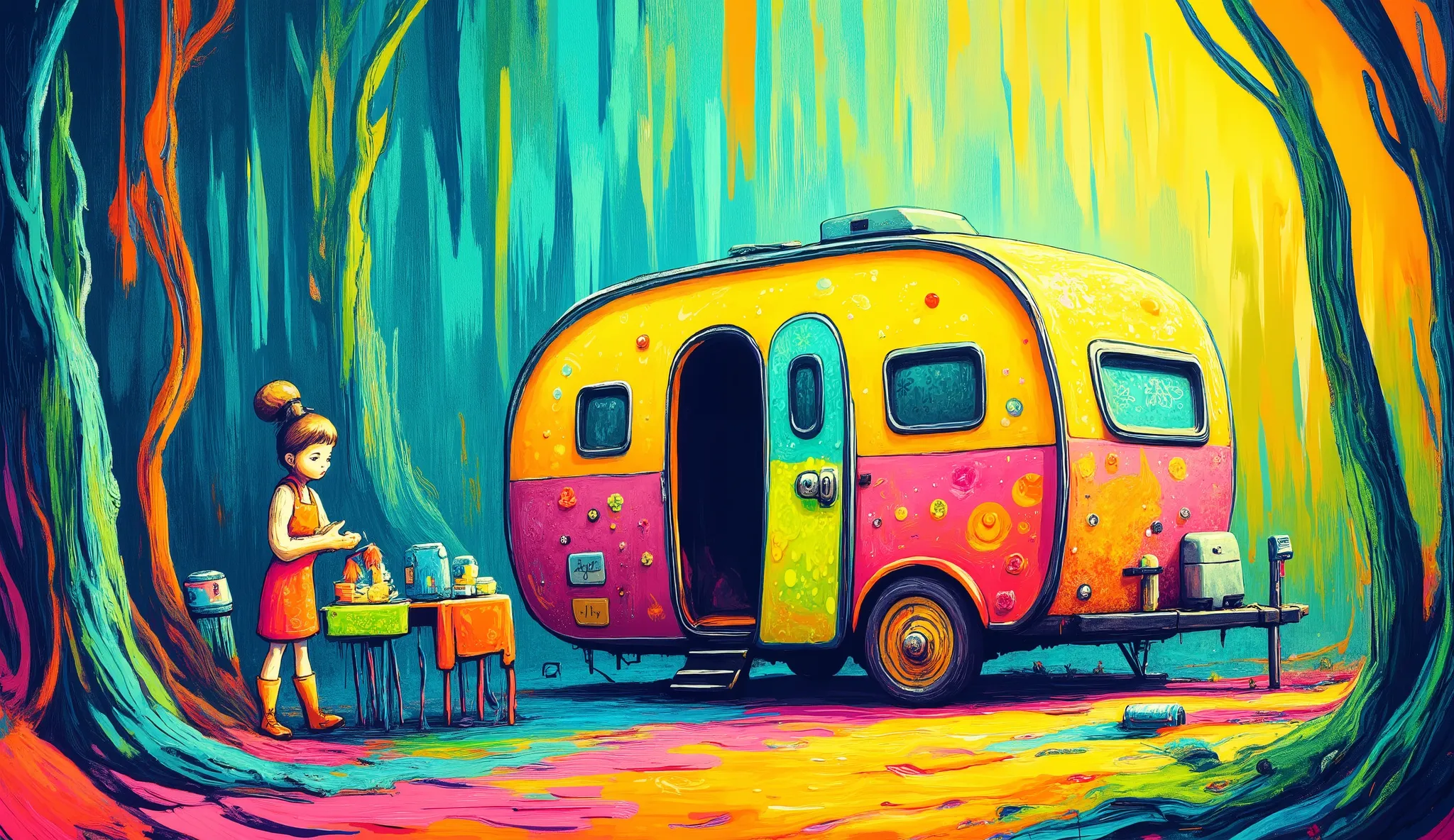 girl arranging colorful camping gear beside a retro flower power camping trailer, vibrant psychedelic campsite setup, bohemian outdoor lifestyle, edge of mystical forest with tall thin trees, bright natural sunlight with rainbow prism effects, neon colors,...